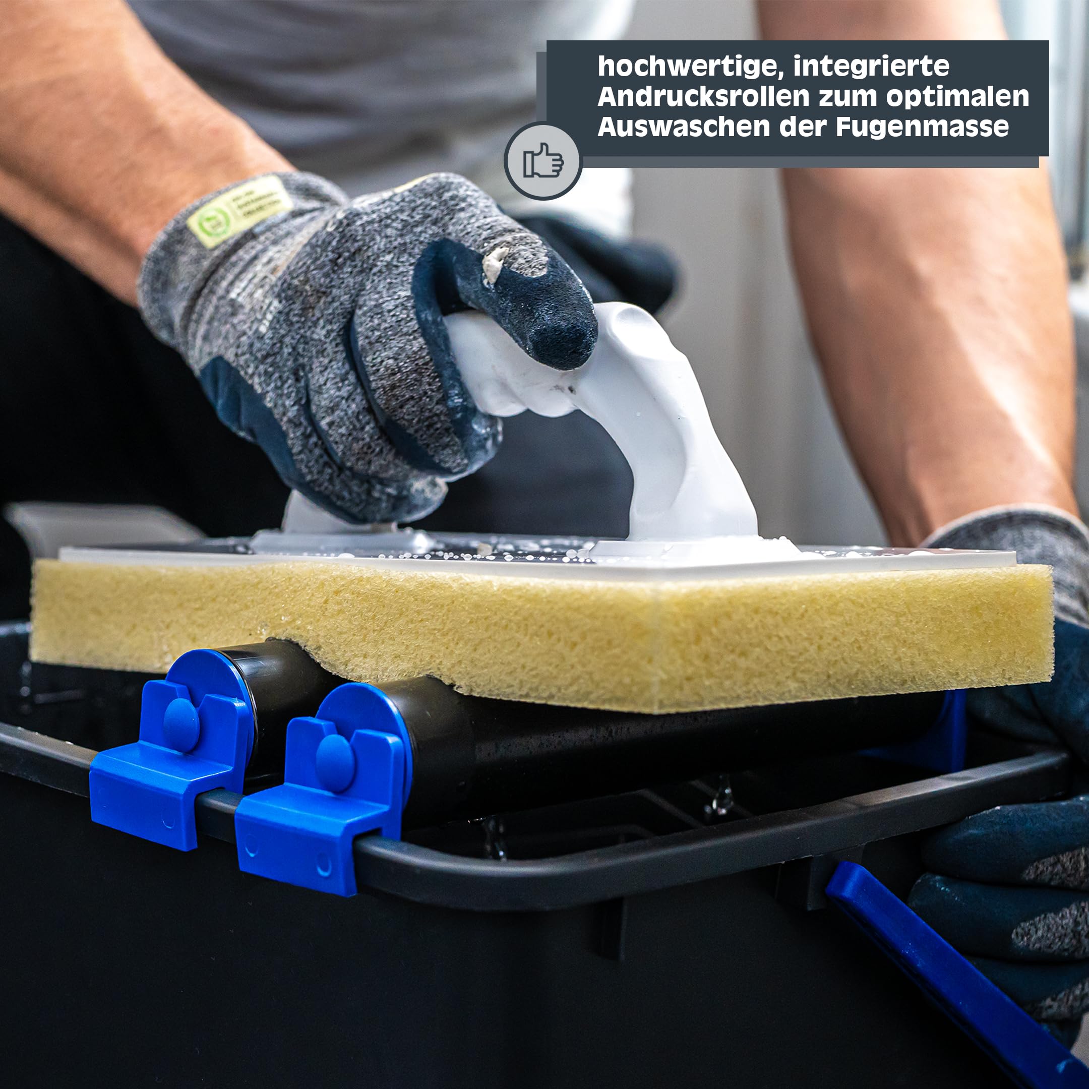Fliesenwaschset 5-teilig 12 Liter Kunststoff Eimer, Doppelrollenaufsatz, Fliesenwaschbrett und Verfugbrett Made in Germany