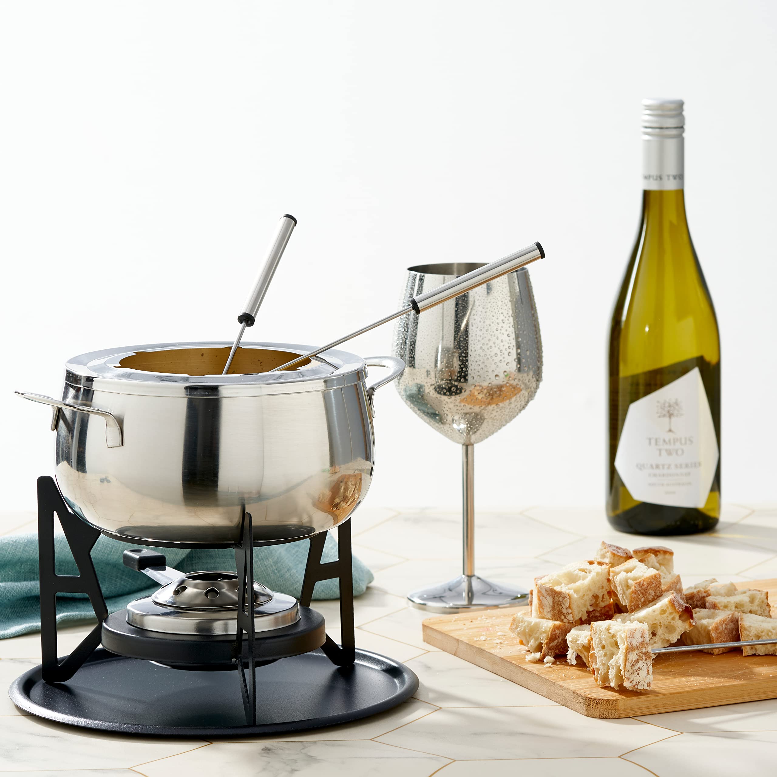 10-teilige Premium-Fondue aus Edelstahl für 6 Personen - Elegantes Silber - Schokolade, Käse, Fleisch - Robust & Chic - Geschenkset für Valentinstag/Geburtstag/Jubiläum