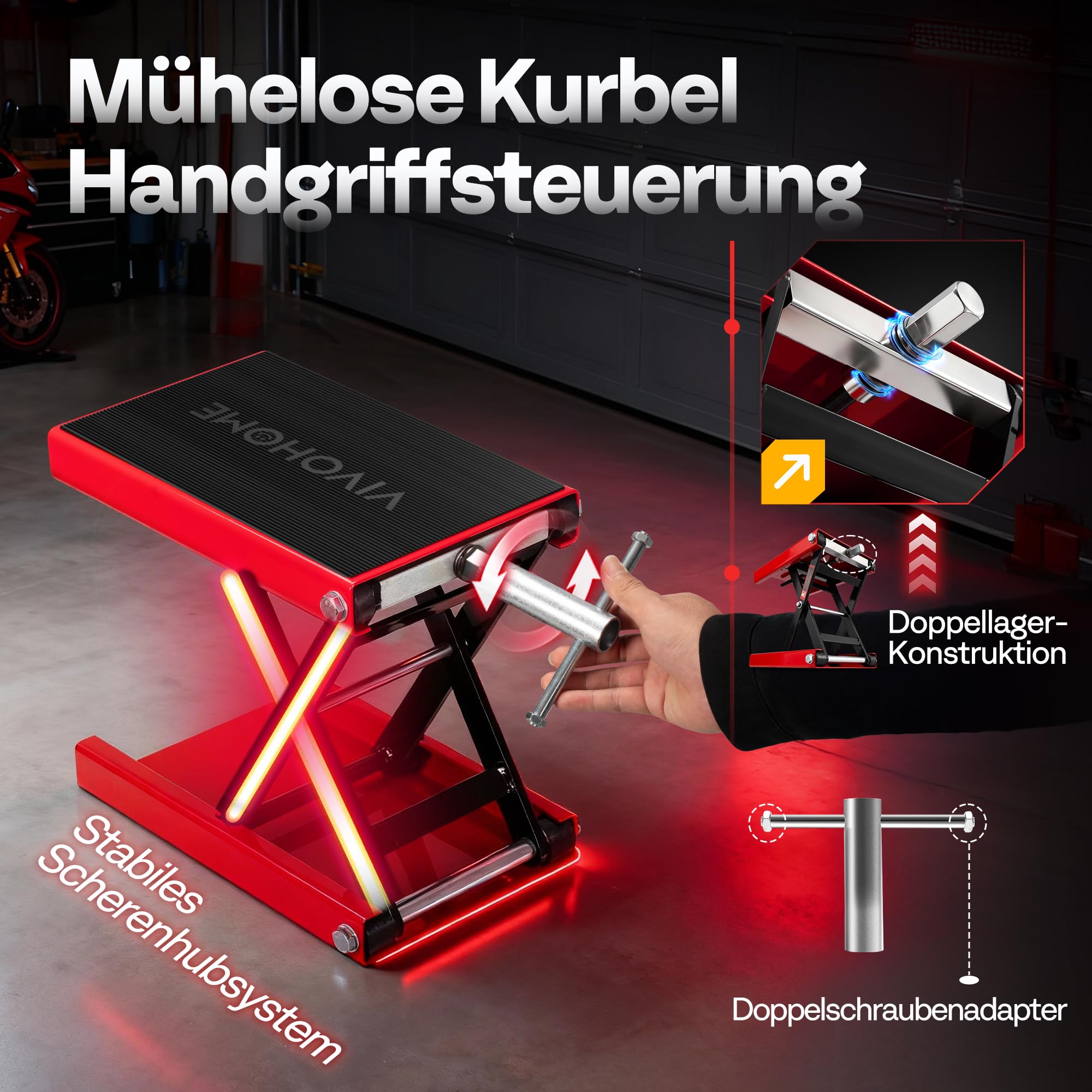 Motorrad Lift 500 kg Stahl-Schereheber mit breitem Deck und Kurbel für Motorräder Off-Road-Fahrzeuge Schmutzfahrräder