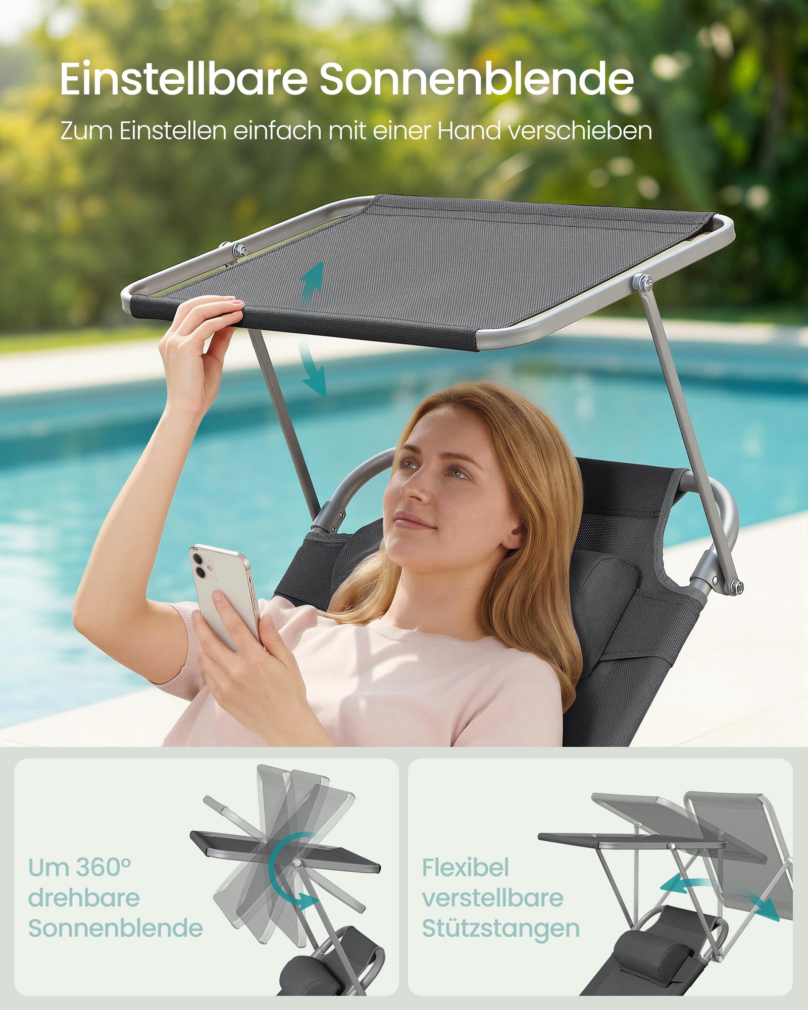 Sonnenliege, klappbarer Liegestuhl, 193 x 53 x 29 cm, trägt bis zu 150 kg, Sonnenschutz, Kopfkissen, verstellbare Rückenlehne, für Garten, Pool, Terrasse