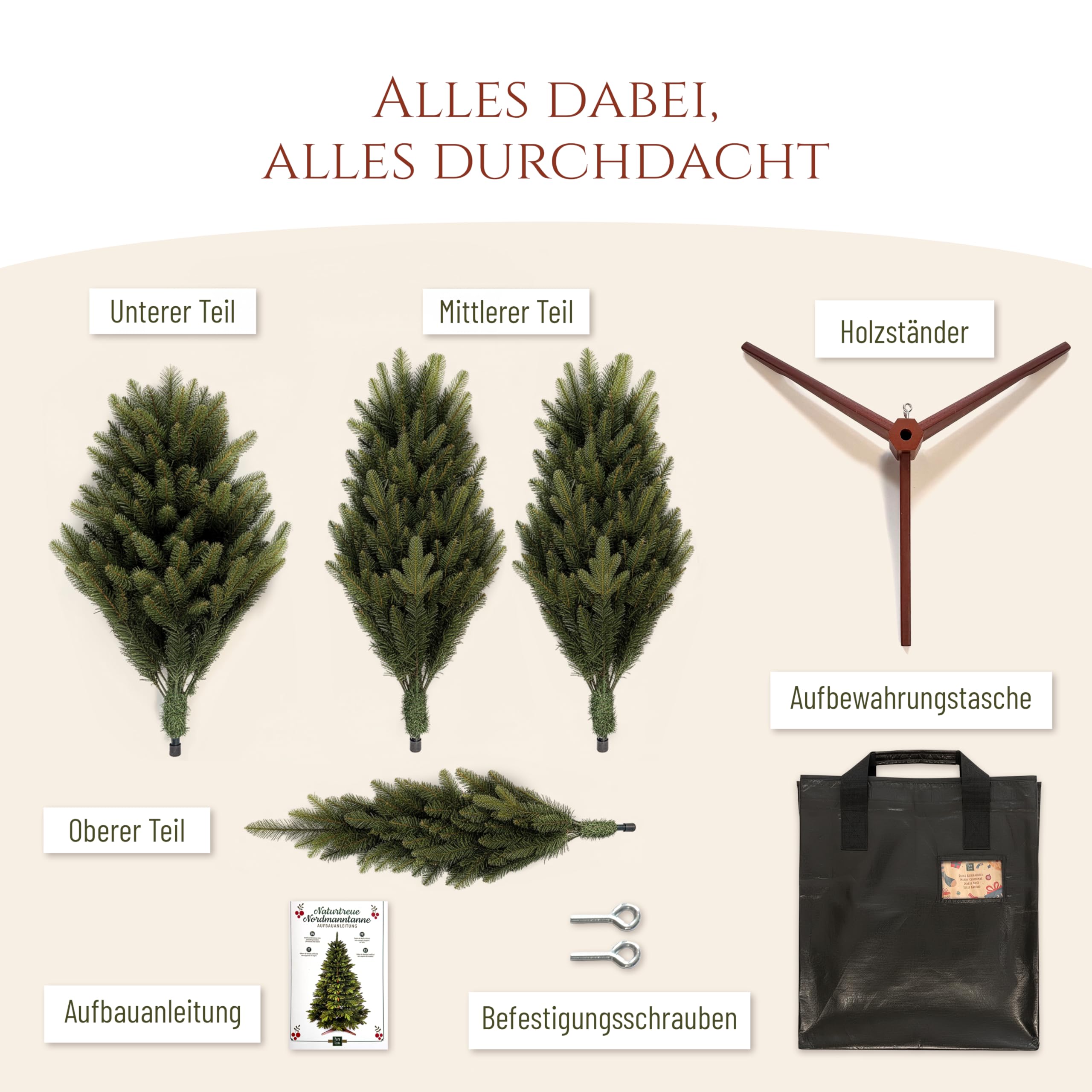 Künstlicher Weihnachtsbaum - Lebensähnlich, besonders dichte Äste, einfache Montage, Made in EU - Premium-Weihnachtsbaum mit Holzständer, Aufbewahrungstasche - Eleganter Nordmann Tannenbaum / Varianten Auswahl - Restposten Neu & OVP!