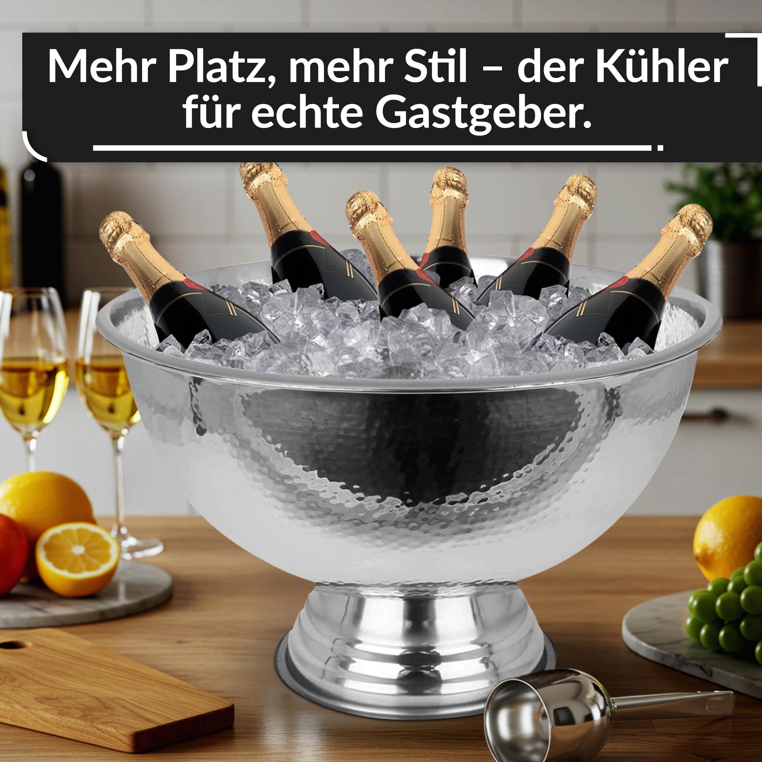 Design Sektkühler aus Edelstahl Ø40 cm Champagnerschale für bis zu 6 Flaschen – Flaschenkühler für den edlen Genuss von Champagner, Sekt, Wein, Spirituosen, Bier (40, Silber poliert)