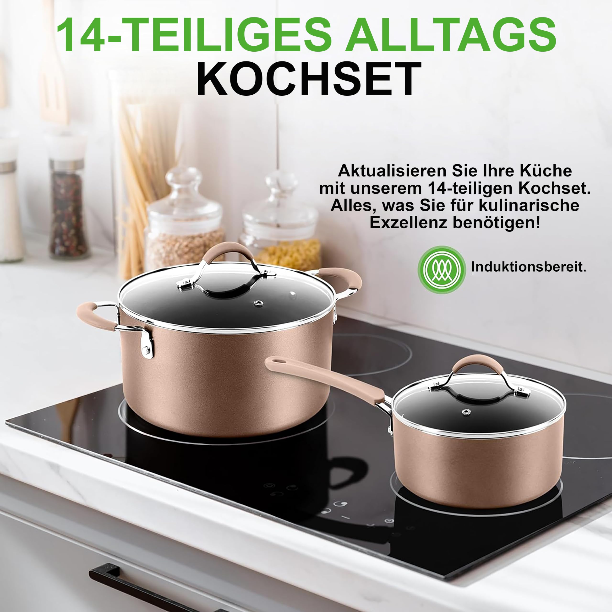 Induktions-Saucepan-Set, 14 Stück, Non-Stick-Beschichtung, Töpfe & Pfannen PFOA/PFOS frei, Kochtopf-Set, Küchenset, Edelstahl, Aluminium - Hochwertiges Kochgeschirr / NEU & OVP!