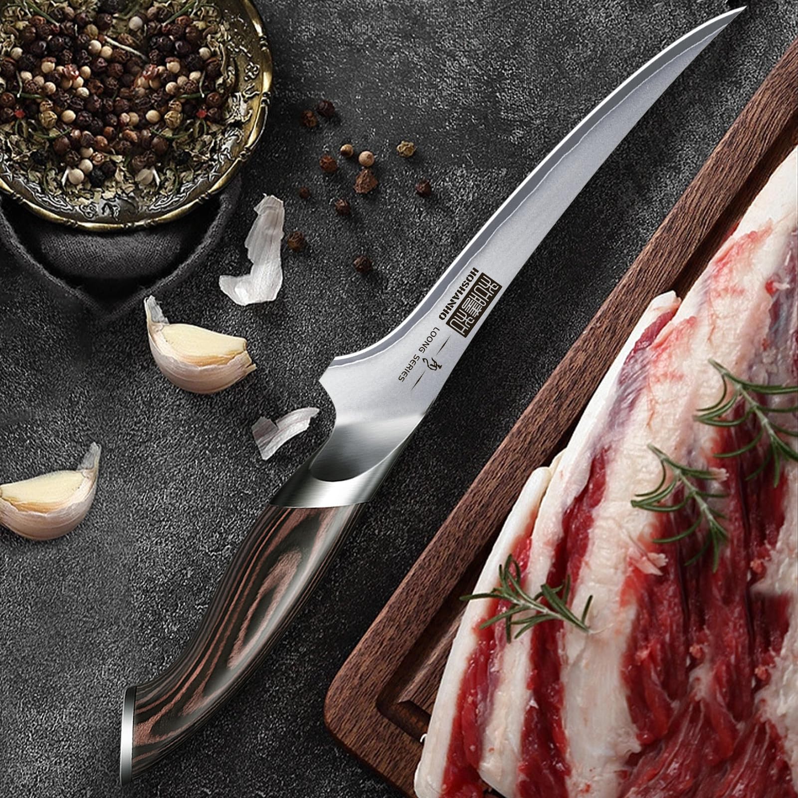 Professionelles Fisch-, Knochenmesser- und Füllküchenmesser mit ultrascharfe ergonomischem Pakkaholzgriff, 18 cm