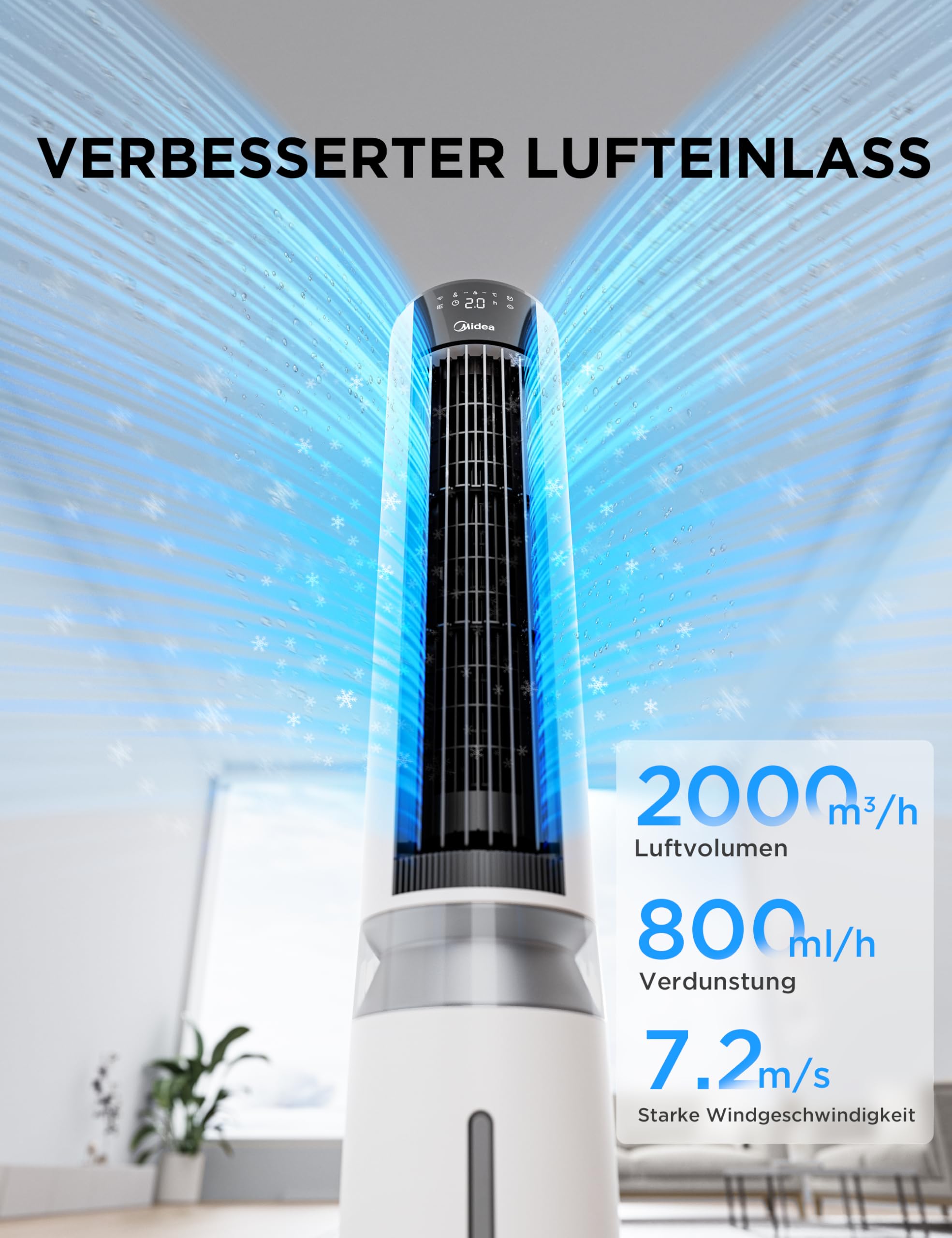 4-in-1 Mobile Klimaanlage Leiser:Luftkühler,Turmgebläse,Luftbefeuchter und Luftreiniger,mit Fernbedienung,5L Wassertank,355m³/h Luftdurchsatz,55W,LED-Display,Timer,Weiß