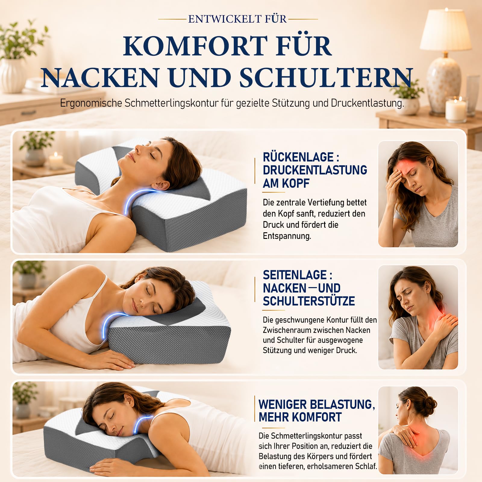 Nackenstützkissen gegen Nackenschmerzen, orthopädisches Kopfkissen, ergonomisches Memory Foam Nackenkissen mit 2 Höhen, Hohlraum & kühlendem Bezug, für Seiten- und Rückenschläfer