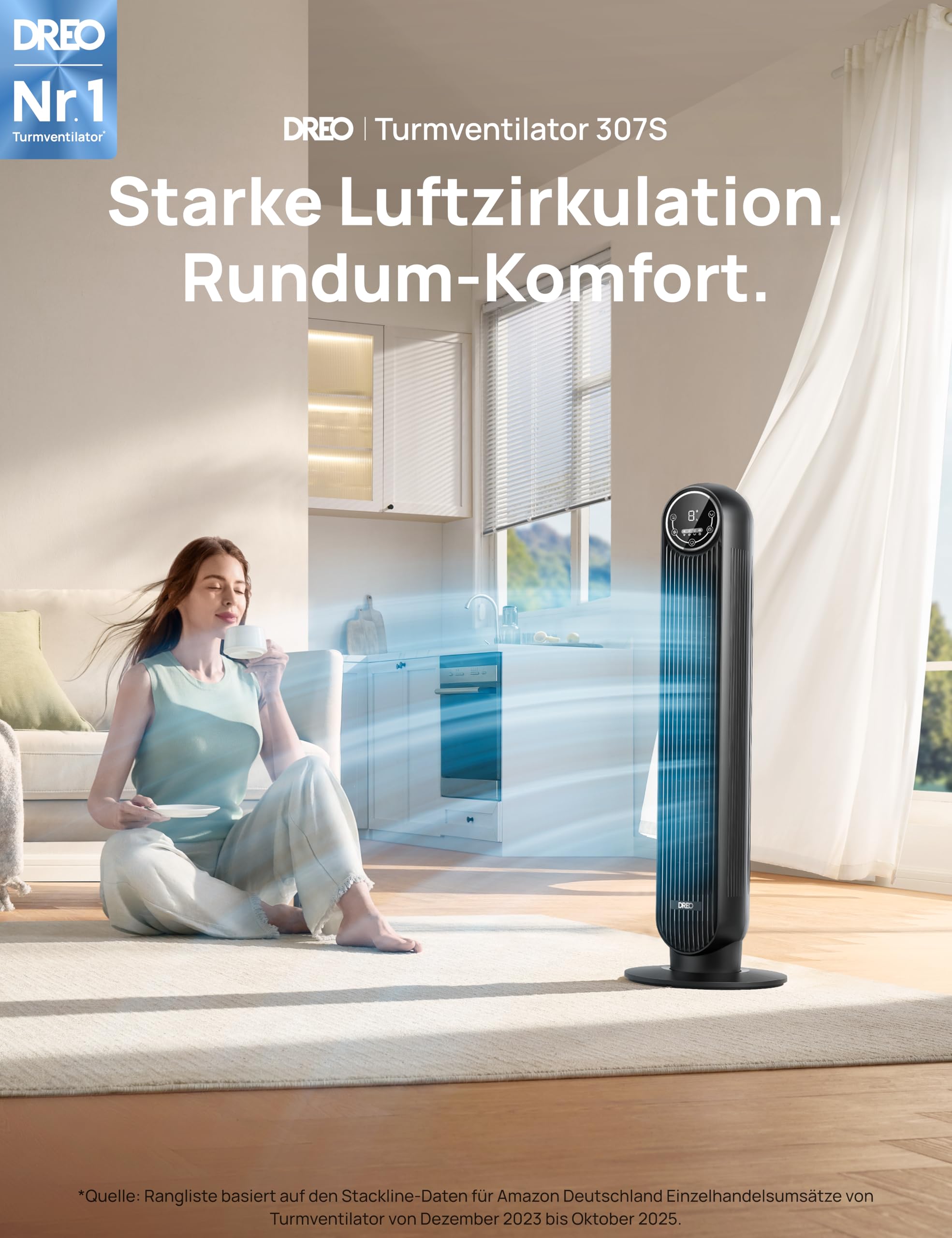 Leiser Turmventilator, 10 m Wurfweite 8 Geschwindigstufen 4 Modi 8 Std. Timer 90° oszillierende Ventilator mit Kühlung Fernbedienung für Schlafzimmer,Turmventilator 307, Schwarz