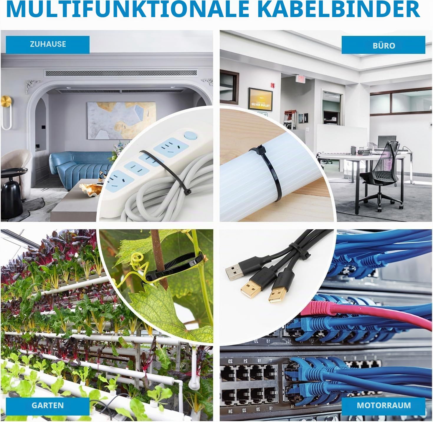 1500 Stück Kabelbinder Schwarz Set, 100/150/200/300 mm(je 300 Stück), UV Beständig Nylon Verschiedene Größen Super Haltbar Selbsthemmend Kabelbinder für Zuhause, Büro, Garten und Werkstatt