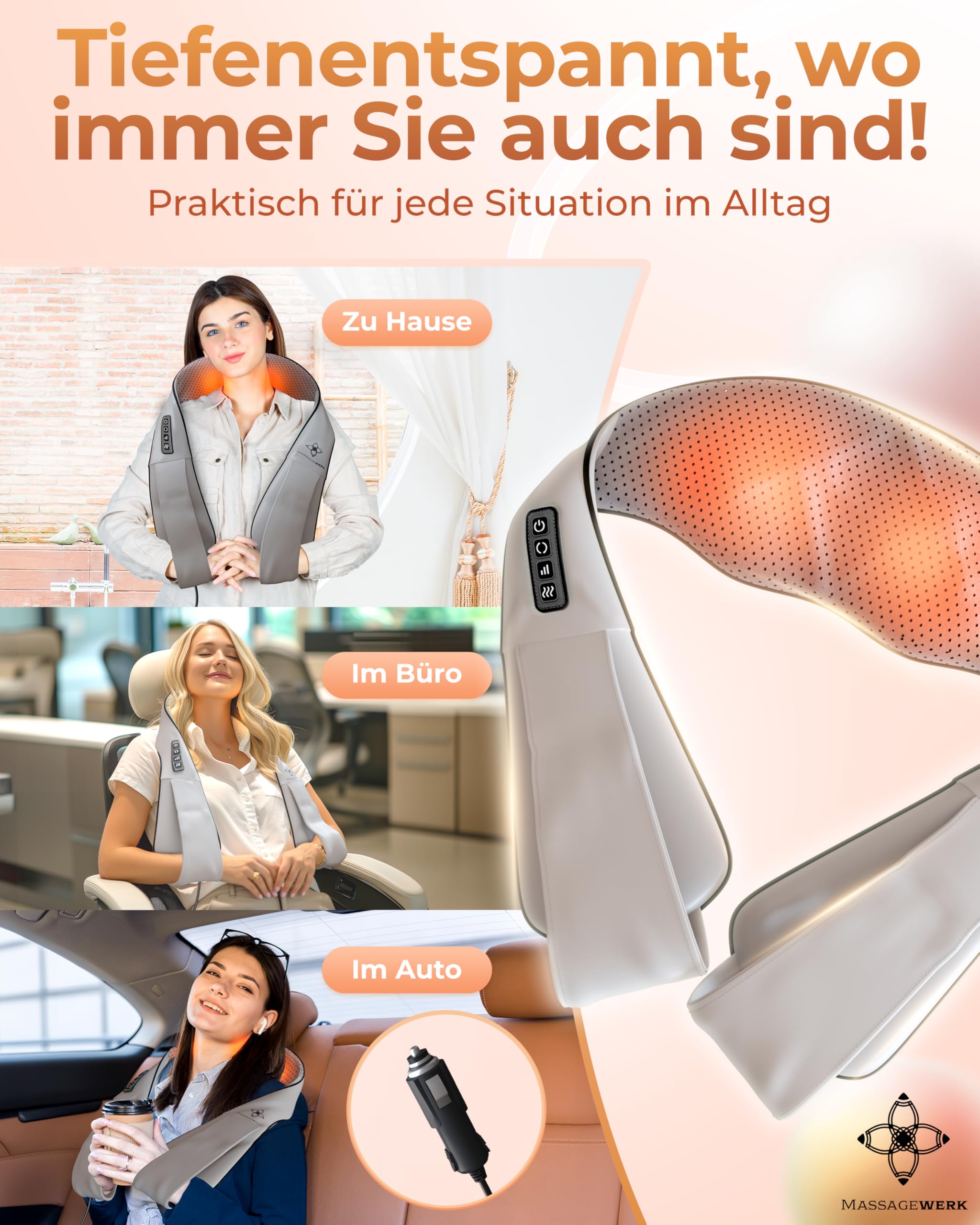Shiatsu Rücken- und Halsmassagegerät / Elektrischer Nackenmassagegerät mit Wärmefunktion / Ergonomisch, Ideal zur Linderung von Muskelverspannungen und Schmerzen