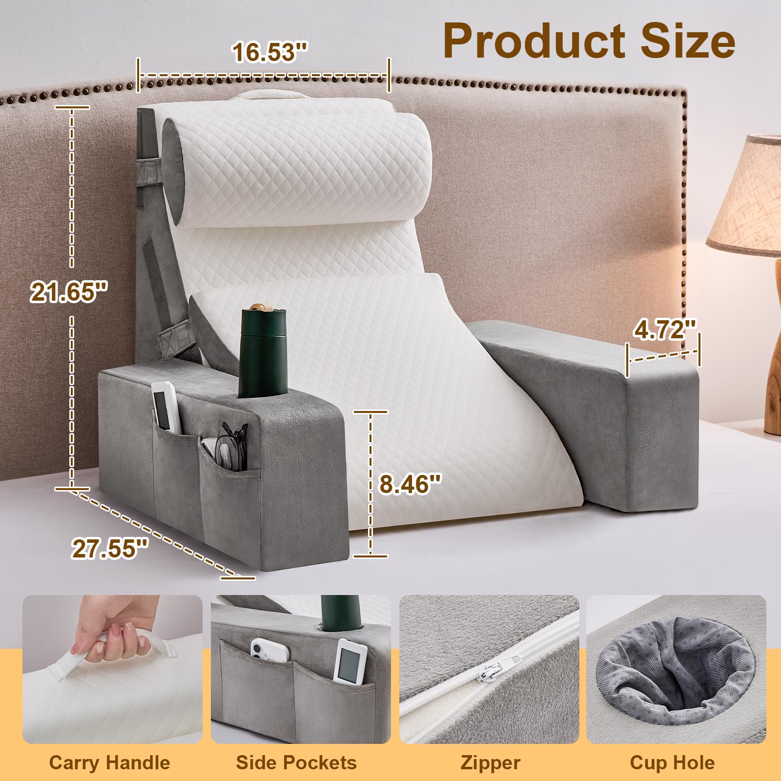 Lesekissen für Bett und Sofa,Bücherkissen mit Abnehmbarer Nackenrolle & Armlehne,Rückenkissen Bett, Wandkissen Multifunktions-Keilkissen zum Lesen, Arbeiten,Bed Wedge Pillow