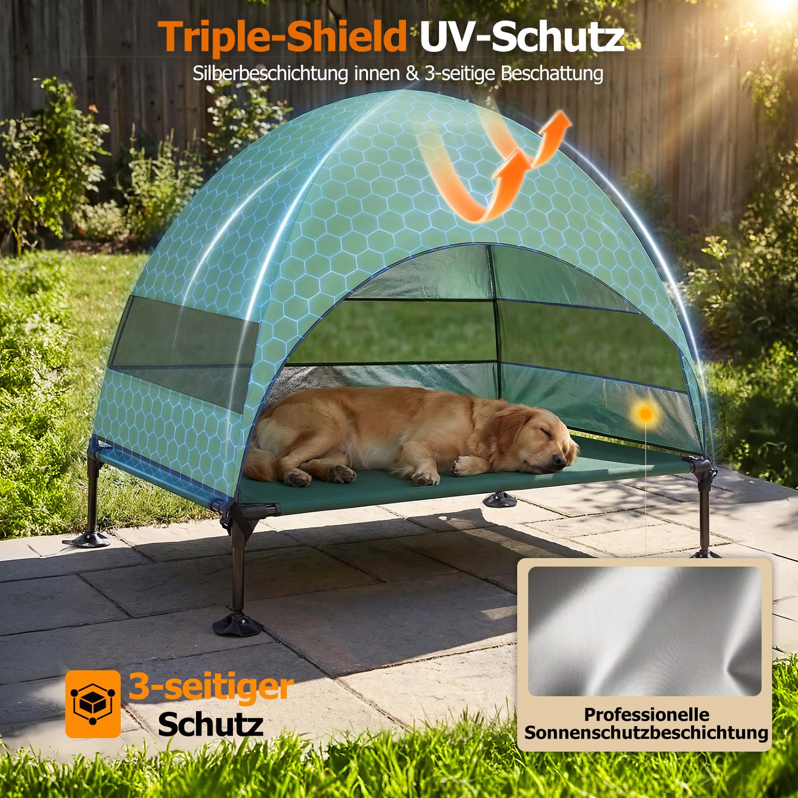 Erhöhtes Hundebett Outdoor mit UV-beständiges Dach,Hundeliege Klappbar mit Anti-Rutsch-Füßen, Hundezelt Outdoor mit Großem Schatten, Kühlendes ErhöHtes Hunde Bett für Camping, Garten & Pool (Grau, L)