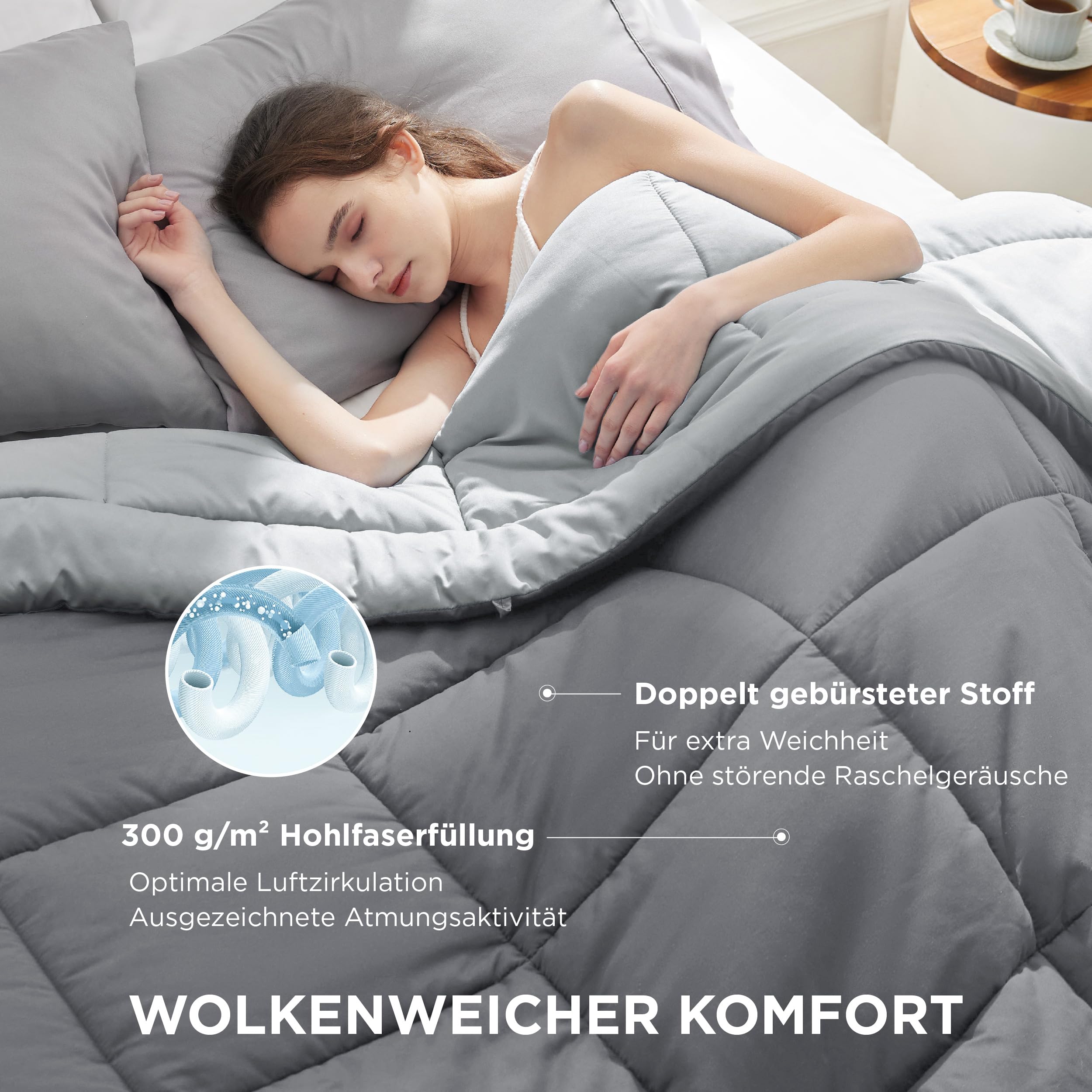 BEDSURE Bettdecke Ohne - Bettdecke für Allergiker, Warm & Gemütlich Ganzjahresdecke 300GSM Füllung, Waschbare Duvet für 4 Jahreszeiten, Grau/Hellgrau