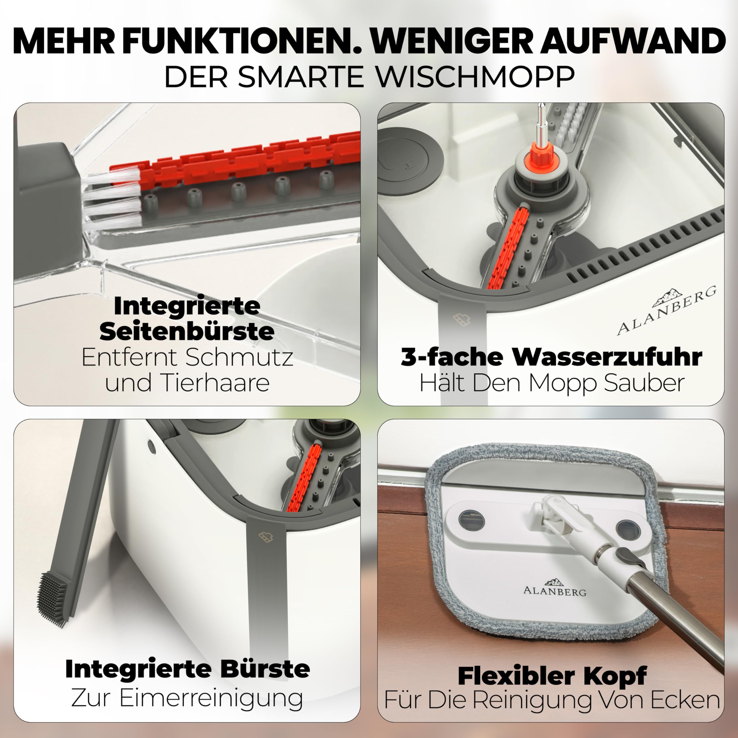 Wischmopp Set mit Eimer, 2-Kammer-System Frisch-/Schmutzwasser Trennung, selbst-auswringend, 160 cm Stiel & 2 Mikrofaser-Pads, für alle Böden, Grau