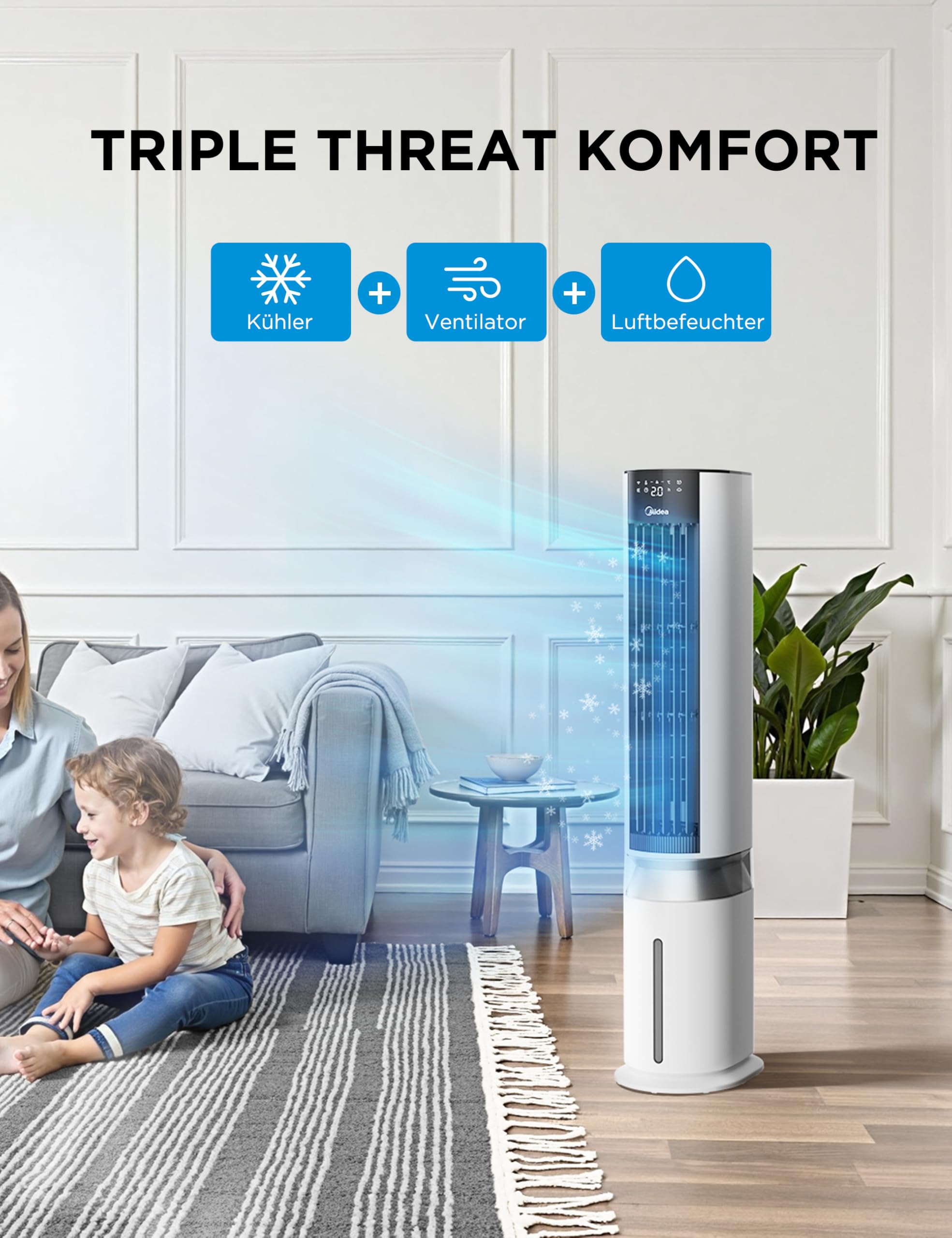 4-in-1 Mobile Klimaanlage Leiser:Luftkühler,Turmgebläse,Luftbefeuchter und Luftreiniger,mit Fernbedienung,5L Wassertank,355m³/h Luftdurchsatz,55W,LED-Display,Timer,Weiß
