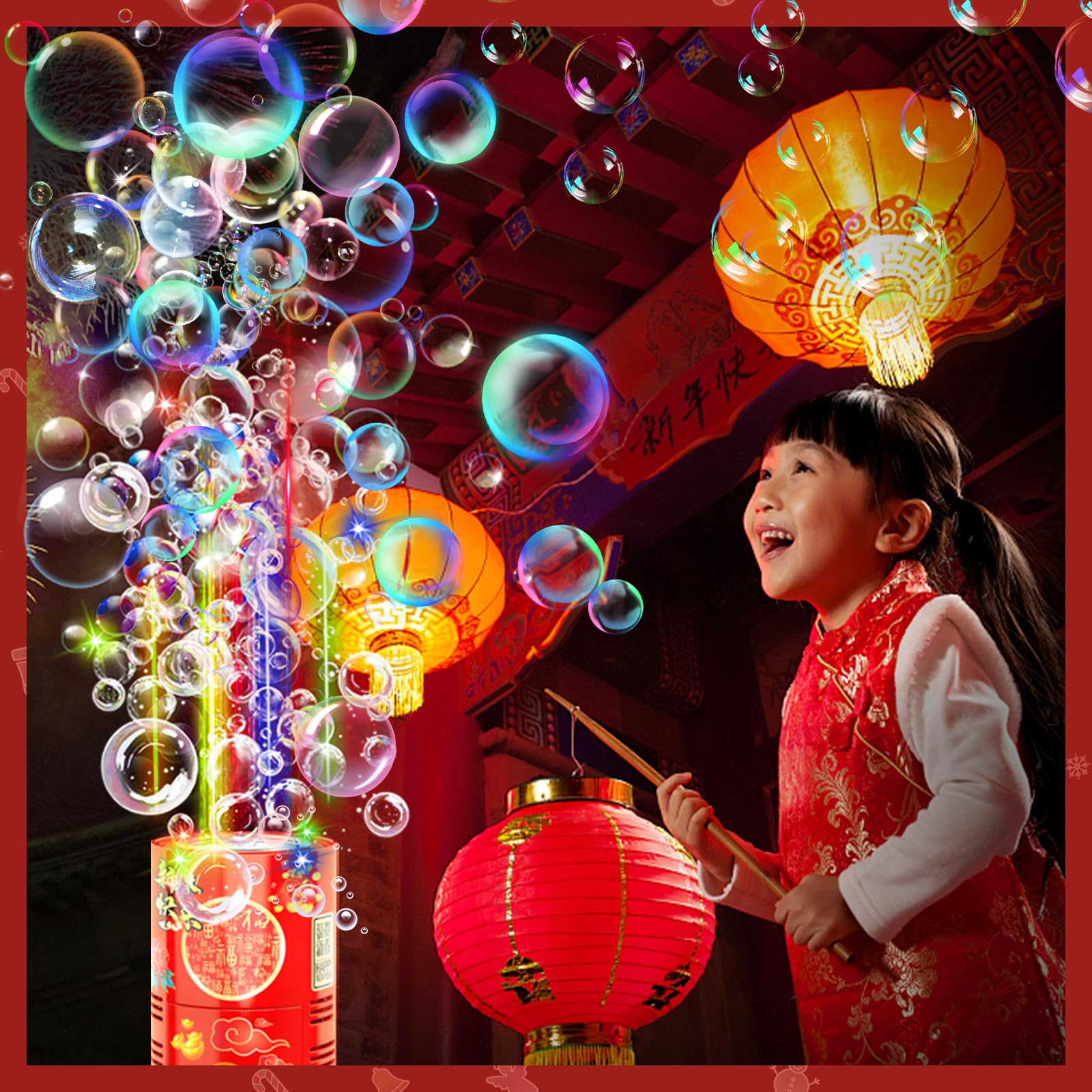 Feuerwerks Seifenblasenmaschine (13 Löcher) mit Lichtern, Luftblasen Wunderkerzen Geburtstagsdeko, Automatischer Seifenblasen Maschine für Kinder Party Hochzeit Geburtstag Chinesisches Neujahrsfest