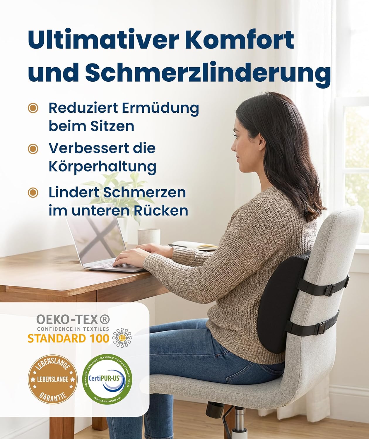 Sitzkissen für Bürostuhl, Auto & Zuhause – Komfortkissen mit waschbarem Bezug, Rutschfester Unterseite und konturierter Form