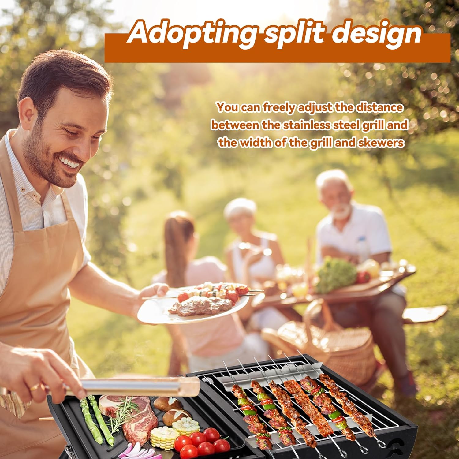 4 Stück Grillspiesse Edelstahl Rack, Schaschlik Aufsatz für Gasgrill Spiesse Grill für 6 Spieße BBQ Grill Zubehör für im Freien beim Camping Wandern oder Picknick