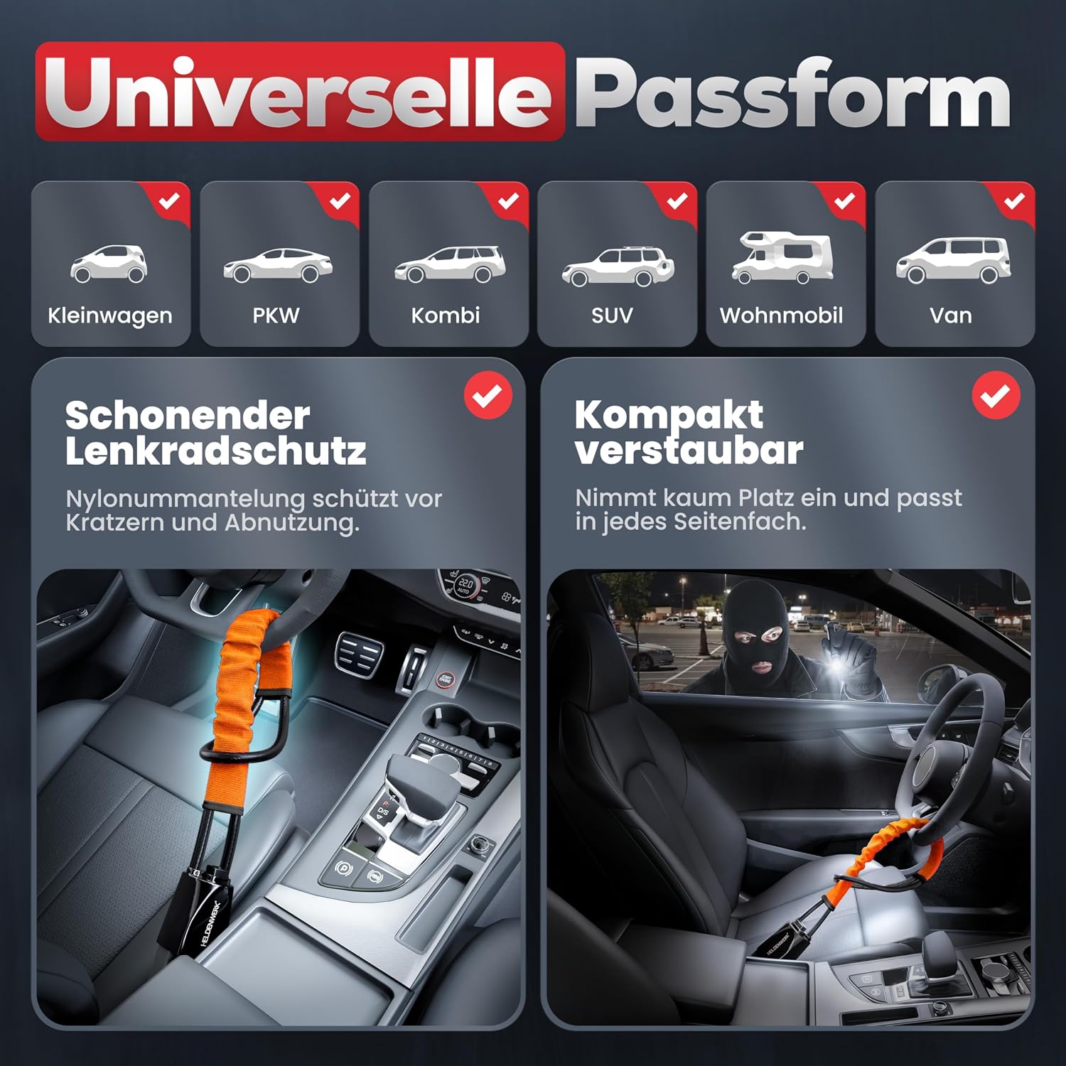 Lenkradkralle fรผr Auto & Wohnmobil aus Metall - Universelle Passform - Lenkradschloss mit dickem Stahlseil - Wegfahrsperre Diebstahlsicherung mit 3 Sicherheitsschlรผsseln