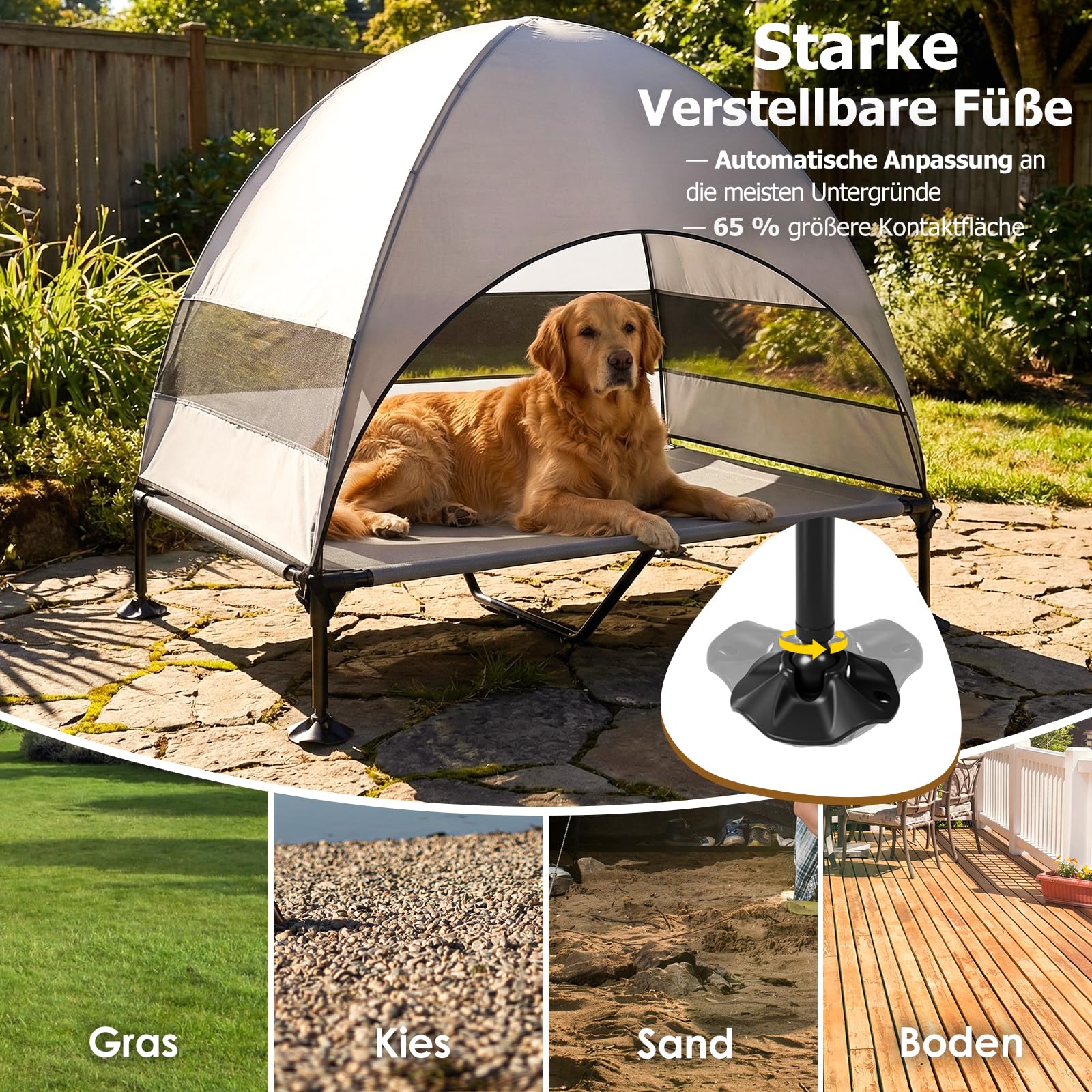 Erhöhtes Hundebett Outdoor mit UV-beständiges Dach,Hundeliege Klappbar mit Anti-Rutsch-Füßen, Hundezelt Outdoor mit Großem Schatten, Kühlendes ErhöHtes Hunde Bett für Camping, Garten & Pool (Grau, L)