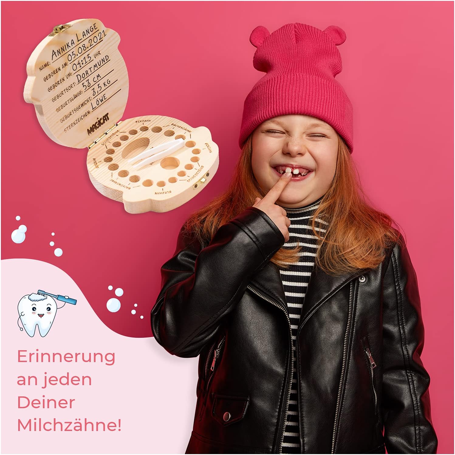 Milchzahndose Mädchen, Zahndose aus Holz, Dose zur Aufbewahrung von Milchzähnen, Baby Milchzähne Box als Geschenk zum Geburtstag oder Taufe, inkl. Pinzette und Zahnfee Geschichte