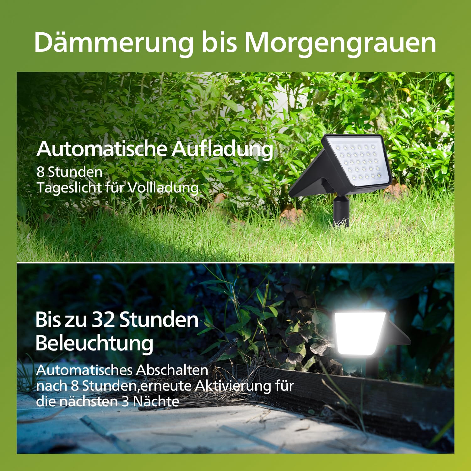 Philips 4 Stück Solarstrahler für Außen Garten, 28 LEDs 7500K Kaltweiß Solarbetriebene Landschaftsbeleuchtung, Wasserdicht Wegeleuchten, Dusk to Dawn – Für Garten, Hof, Rasen, Gehweg