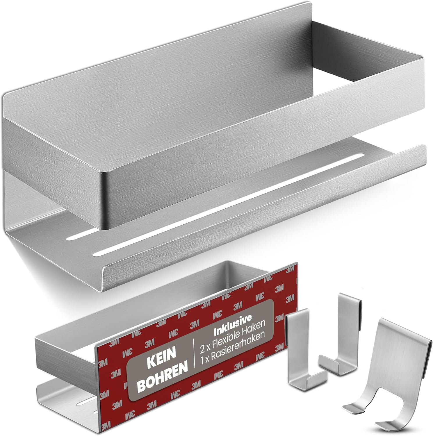 Duschablage Ohne Bohren - Badregal - Duschkorb - Bad Organizer | Massiv - silber gebürstet - 22 cm x 9 cm - 2 Klebevarianten für Nass- und Trockenbereich