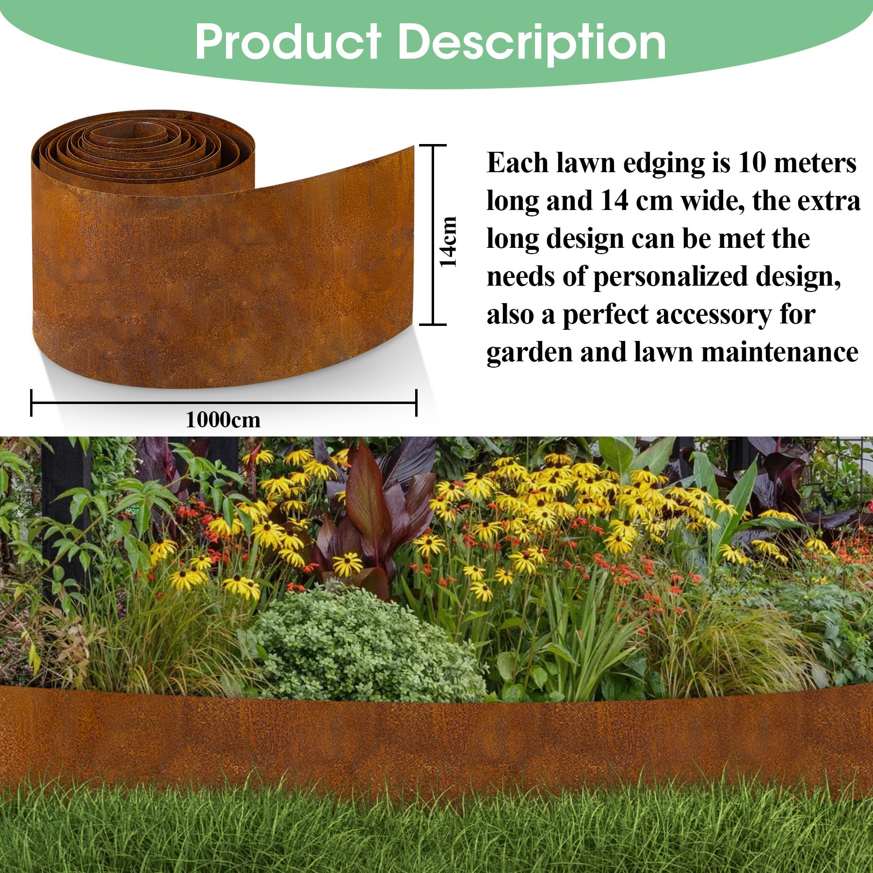 Garten Rasenkante aus Cortenstahl, Cortenstahl Rasenkante Corten-Stahl Beeteinfassung für DIY-Rasen, Rasenkantenband mit Rost inklusive 1 Paar Handschuhe