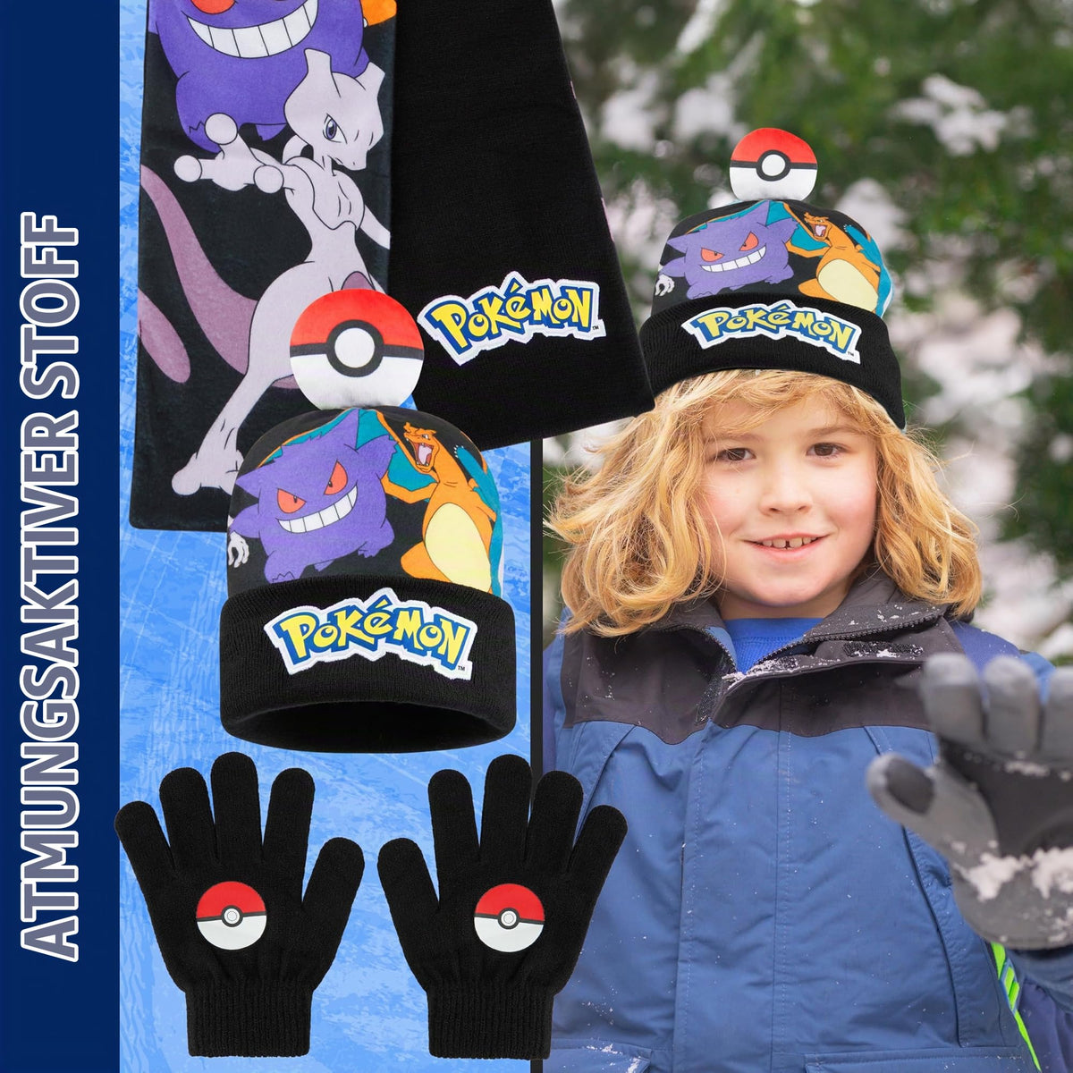 Pokemon Mütze, Schal & Handschuhe Jungen 4-12 Jahre, 3 Stück Warme Kinder Winter Set für kalte Tage, Anime Geschenke für Jungen