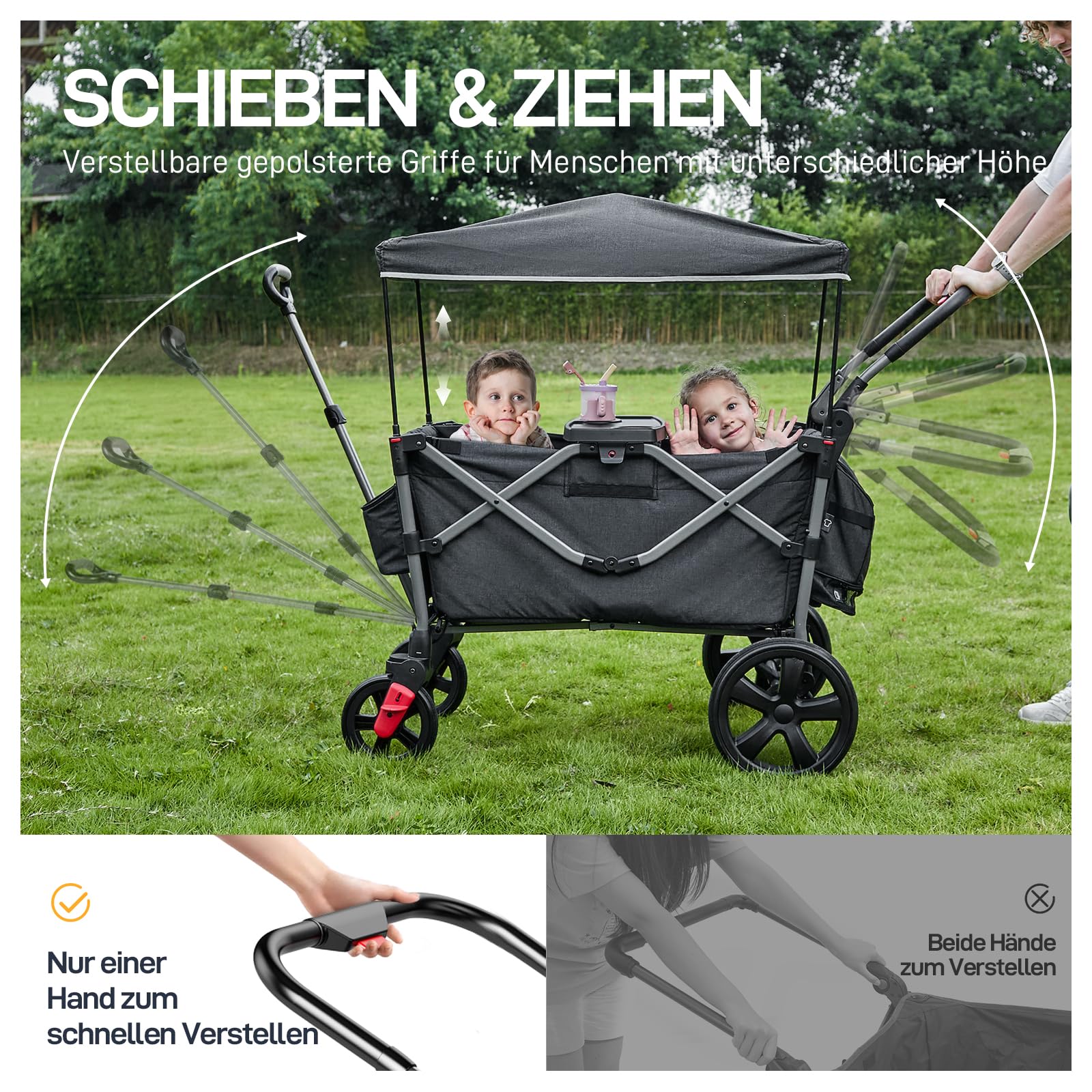 Bollerwagen für 2 Kinder Faltbar mit Dach, Kinderwagen 2x5 Punkt Sicherheitsgurt mit Wickelrucksack, Bollerwagen mit Sitz, Handwagen Transportwagen, Ziehen & Schieben, Fußbremse