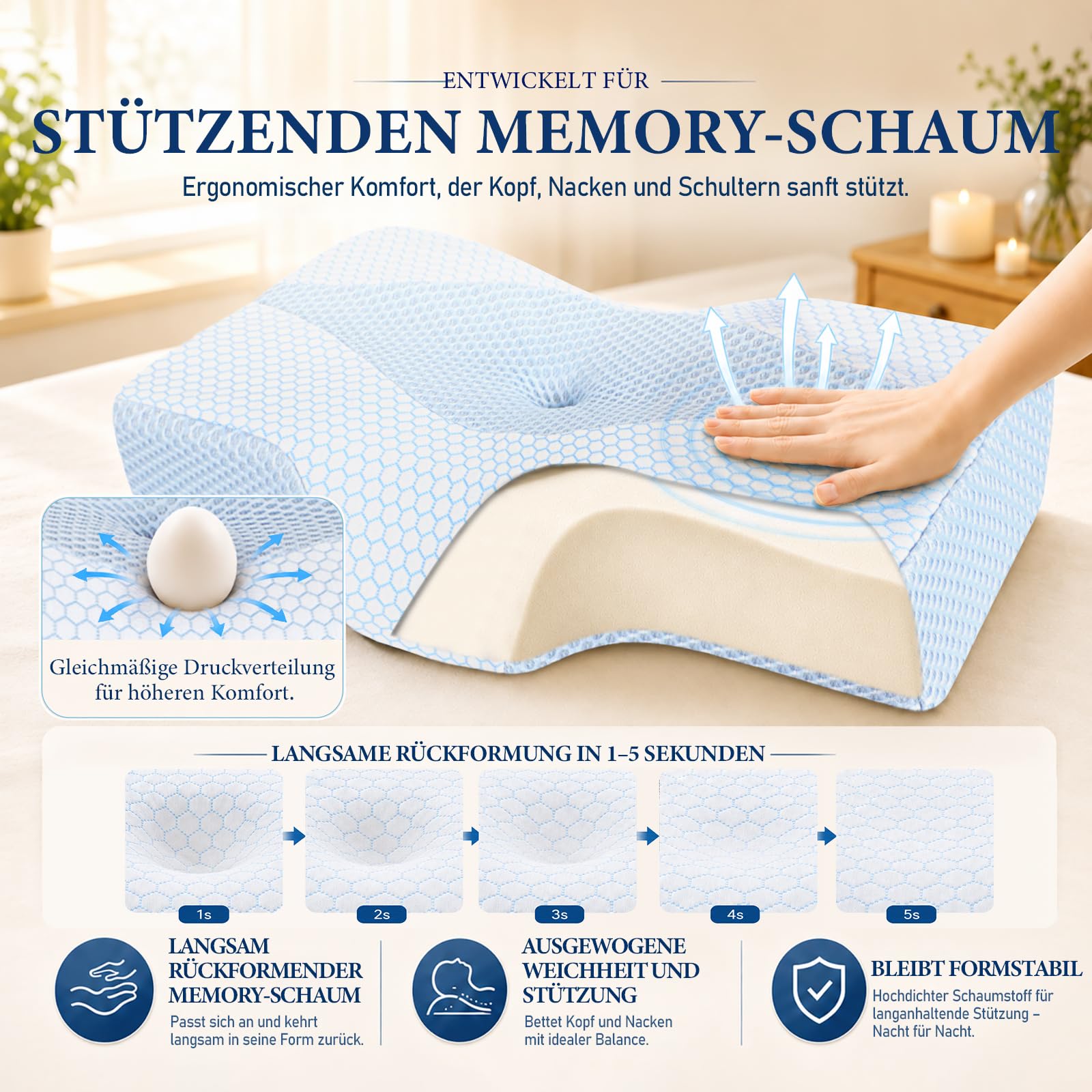 Nackenstützkissen gegen Nackenschmerzen, orthopädisches Kopfkissen, ergonomisches Memory Foam Nackenkissen mit 2 Höhen, Hohlraum & kühlendem Bezug, für Seiten- und Rückenschläfer