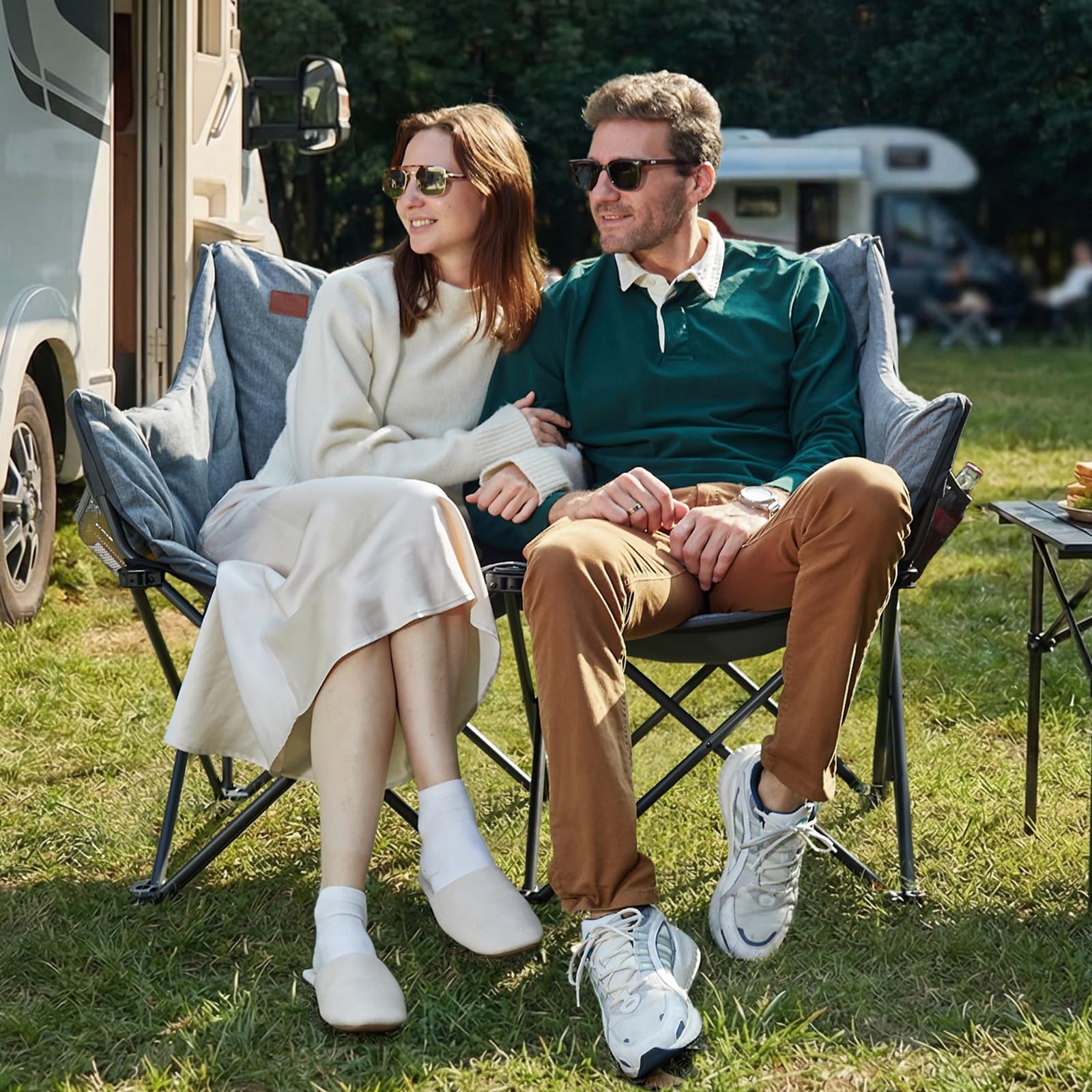 Campingstuhl Faltbar 124CM Breit Campingsofa für 2 Personen Faltsofa 320KG Belastbar, Campingcouch Dick Gepolstert Klappstuhl XXL 2 Sitzer Hohe Lehne für Outdoor Garten Balkon Indoor