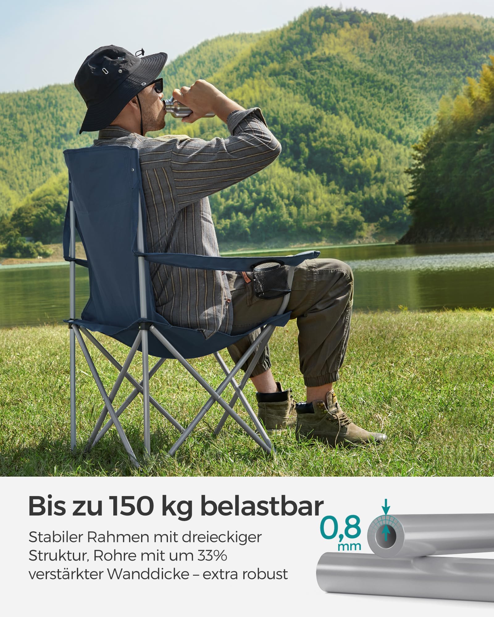 2er Set Klappstuhl Campingstuhl Bequeme Schwerlaststruktur bis 150kg belastbar mit Getränkehalter Outdoor Stuhl