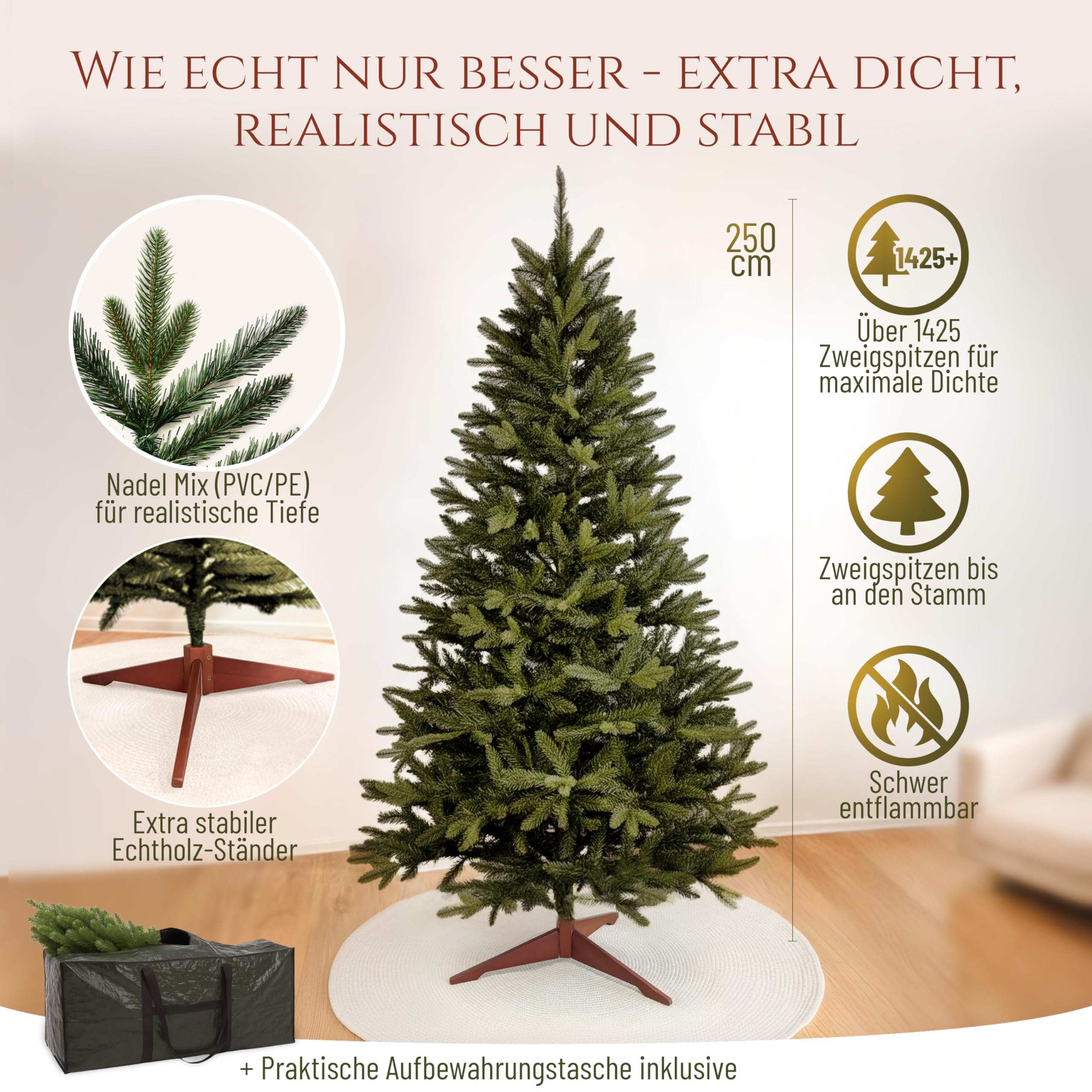 Künstlicher Weihnachtsbaum - Lebensähnlich, besonders dichte Äste, einfache Montage, Made in EU - Premium-Weihnachtsbaum mit Holzständer, Aufbewahrungstasche - Eleganter Nordmann Tannenbaum / Varianten Auswahl - Restposten Neu & OVP!