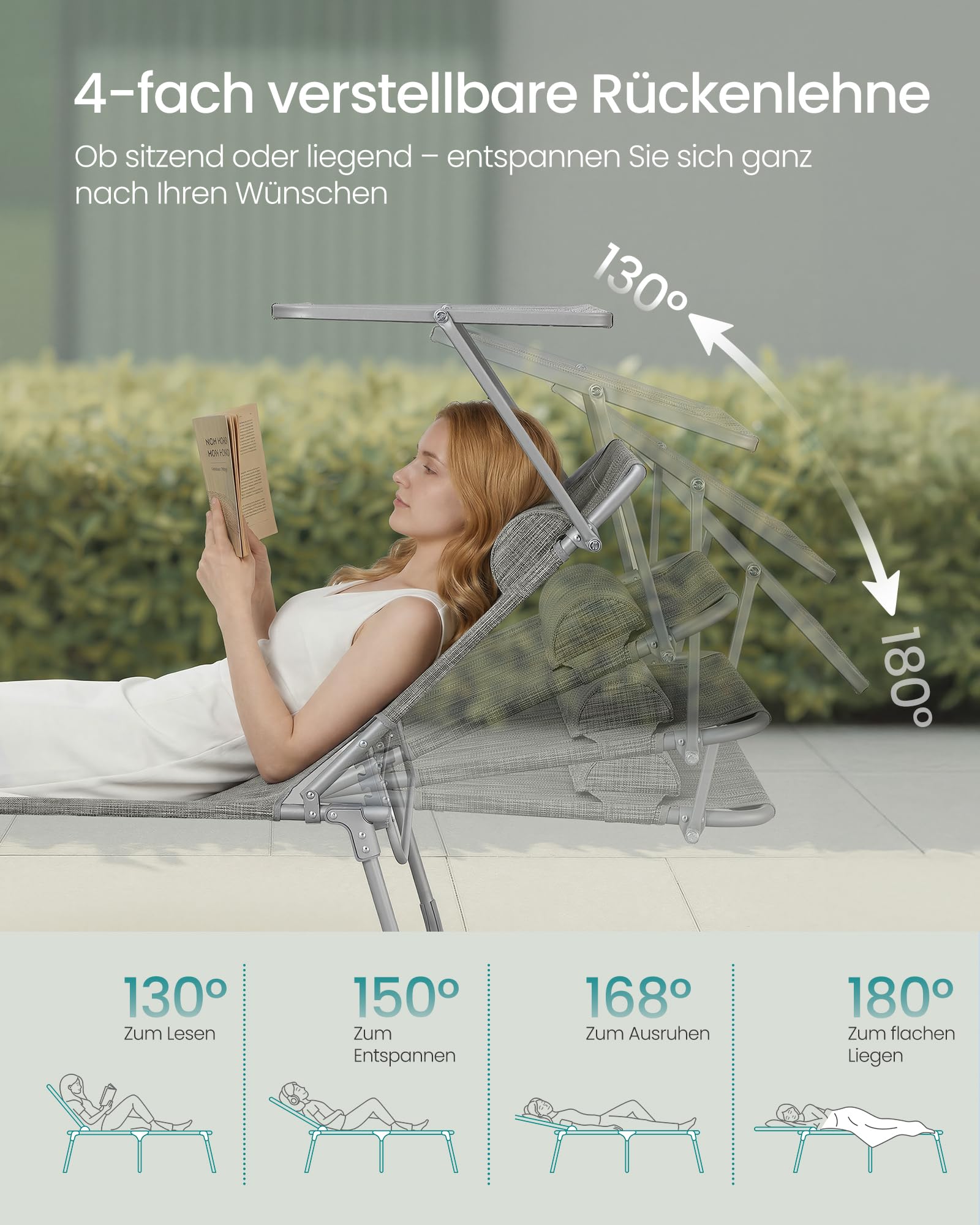Sonnenliege, klappbarer Liegestuhl, 193 x 53 x 29 cm, trägt bis zu 150 kg, Sonnenschutz, Kopfkissen, verstellbare Rückenlehne, für Garten, Pool, Terrasse