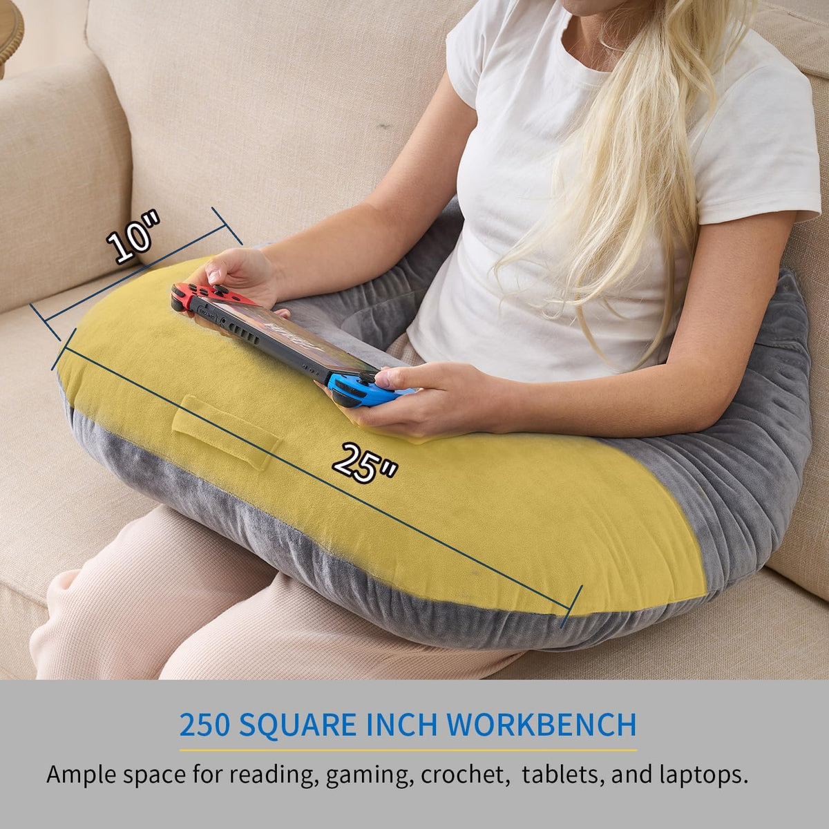 Lesekissen, ergonomische Armstütze zum Spielen, Häkeln, Laptop-Stützkissen zum Sitzen im Bett & Sofa, Haltungskorrektur-Kissen für den Schoß, Samtbezug waschbar (Soft Grau)