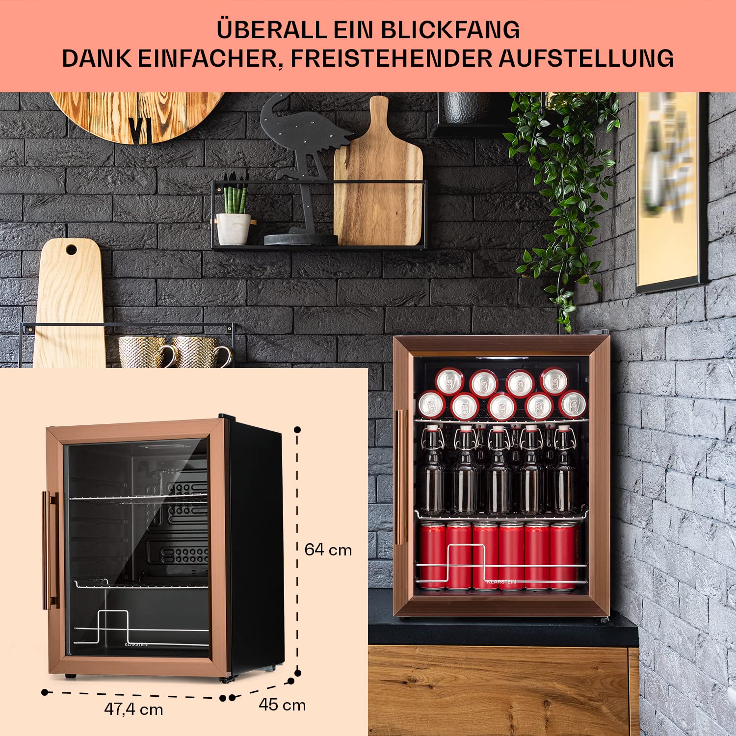 Beersafe Getränkekühlschrank 60 L – Mini Kühlschrank mit Glastür, Kupfer | LED-Beleuchtung, herausnehmbare Metallablagen, leise, Flaschenkühlschrank für Getränke & Dosen