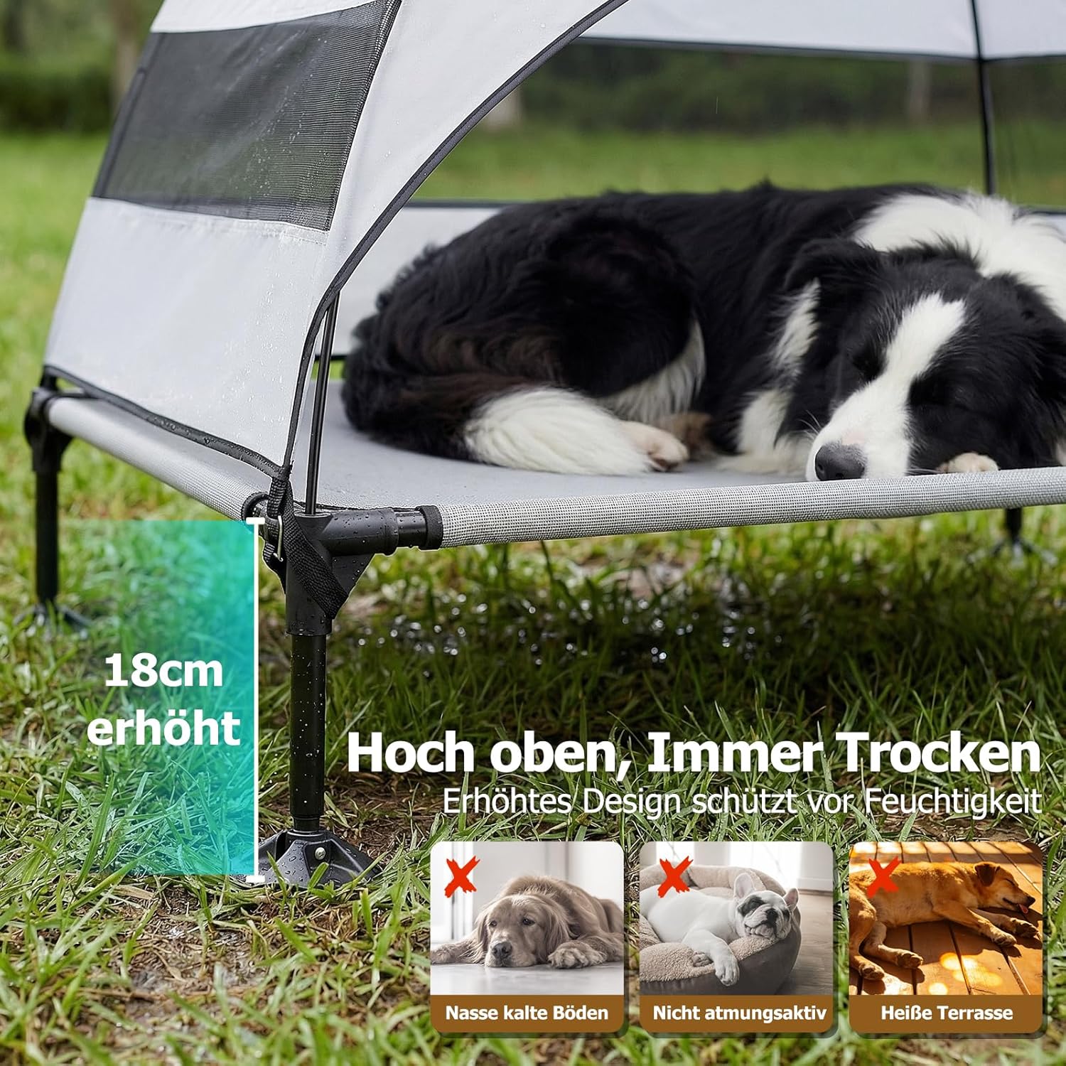 Erhöhtes Hundebett Outdoor mit UV-beständiges Dach,Hundeliege Klappbar mit Anti-Rutsch-Füßen, Hundezelt Outdoor mit Großem Schatten, Kühlendes ErhöHtes Hunde Bett für Camping, Garten & Pool (Grau, L)