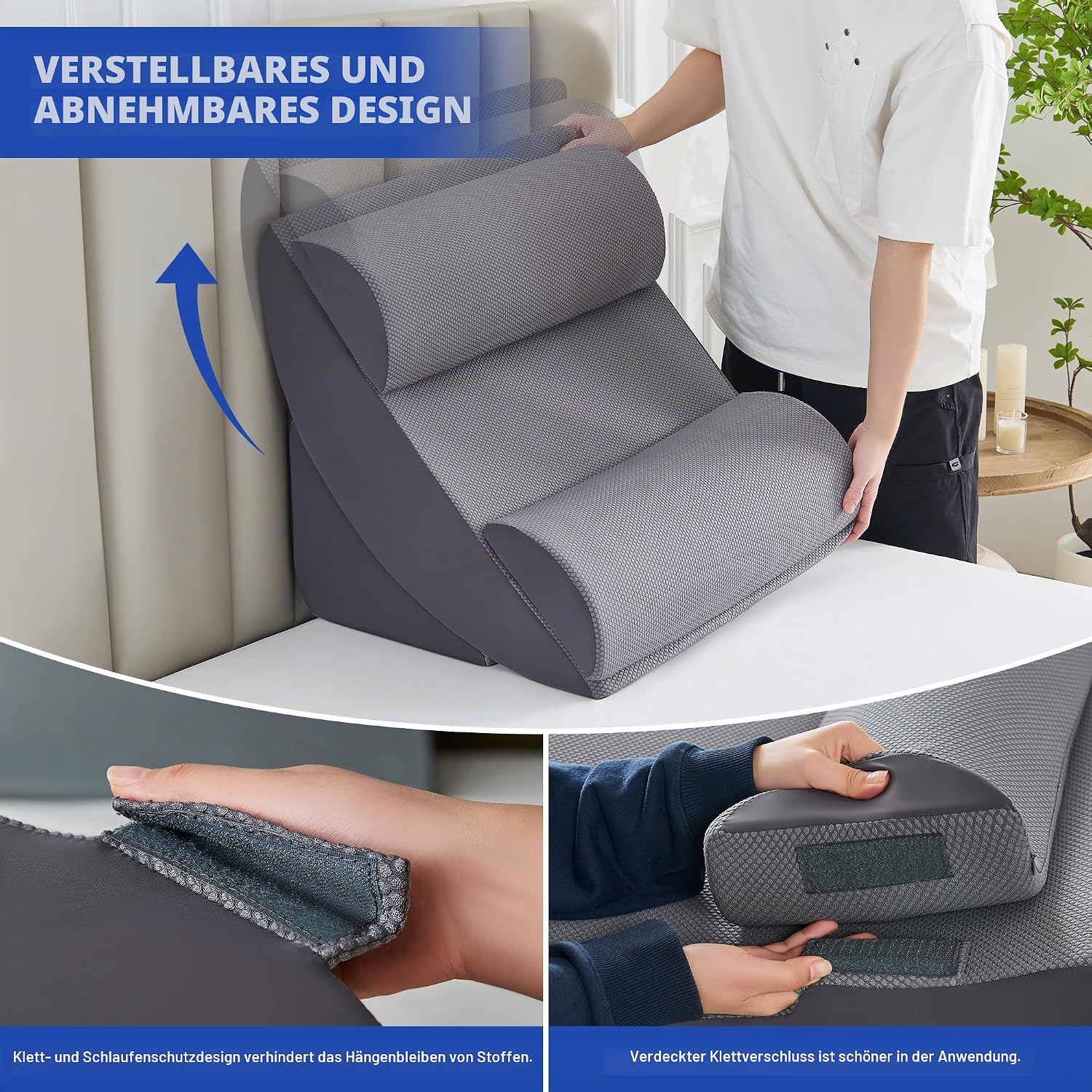 9PCS Orthopädische Bett Keil Kissen Set,Post Chirurgie Schaum Kissen für Körper, Rücken und Beine Schmerzlinderung,Justierbare Stützkissen mit Säure Reflux Bed Wedge Memory Foam Durchgehend dunkelgrau