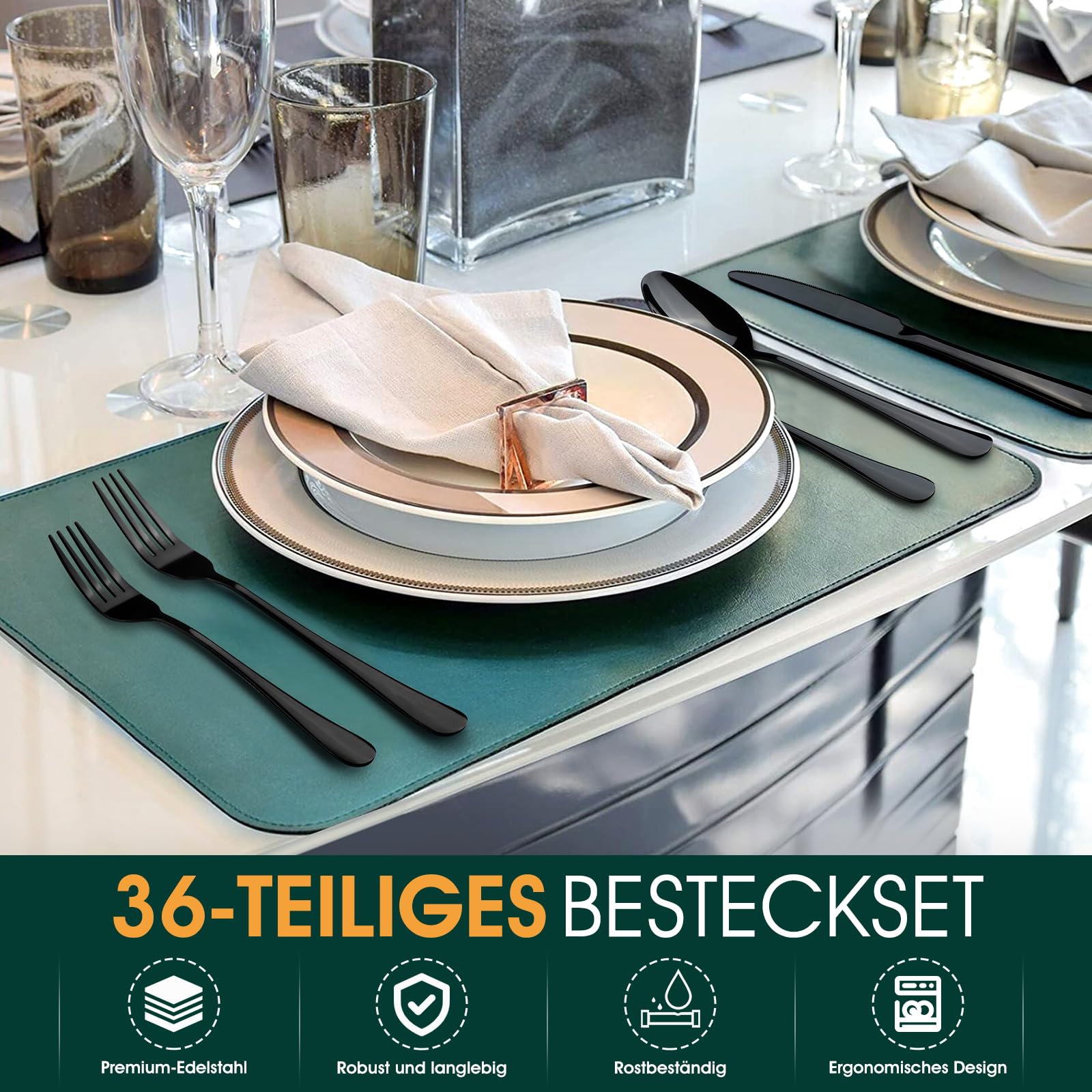 Besteck Set Schwarz für 8 Personen, 48-teiliges Edelstahlbesteckset mit Steakmesser, elegantes Besteck mit Messer, Gabel, Löffel, Besteck für Küche/Restaurant