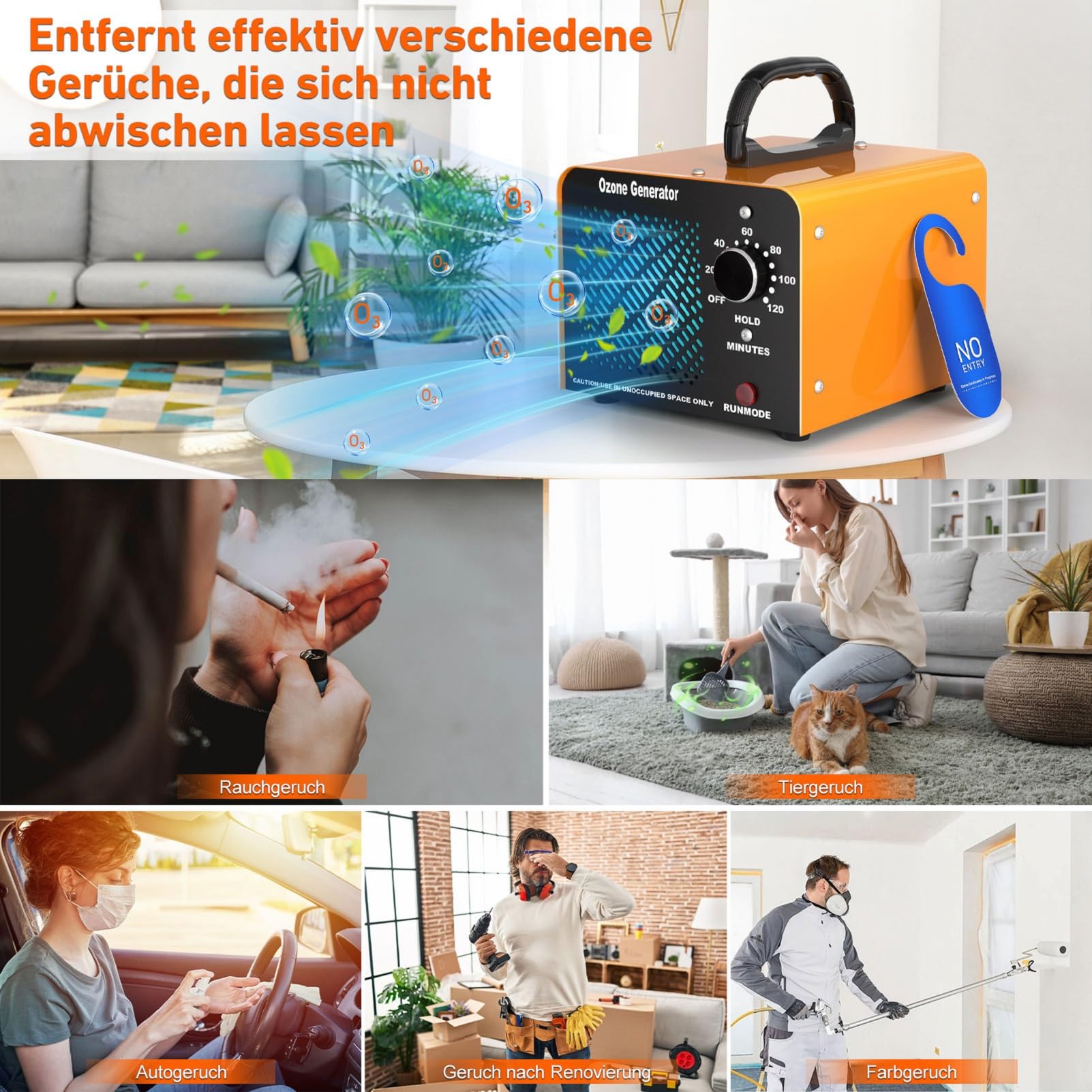 Ozongenerator O3 65000 mg/h, Ozongenerator für Autos, Industrie-Ozon-Geräteheim mit 120-Minuten-Timer, O3-Ozoniser bis 300 m2, Ozongenerator für Garagen, Haustiere, Küche, Handel, Hotels