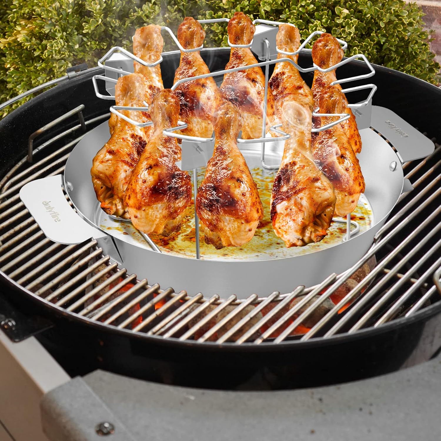 Hähnchenschenkel Halter mit Auffangschale für 12 Keulen, Edelstahl Hähnchen Ständer, Hähnchenbräter für Weber Gourmet BBQ System, Kugelgrill und Kamado Grill, Hähnchen Grill Ständer