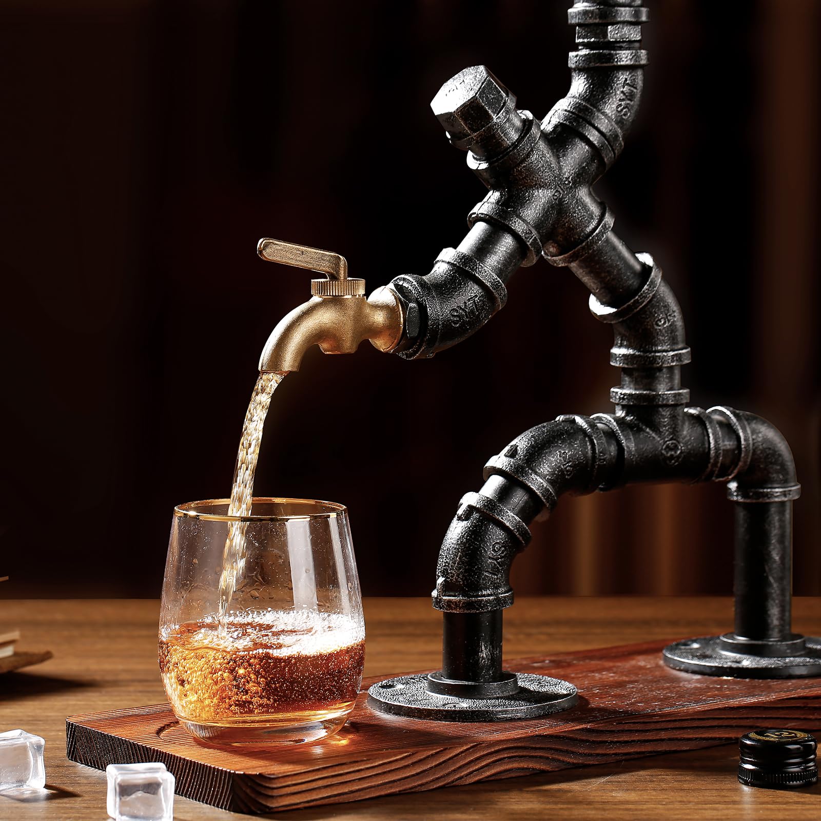 Whiskyspender Silber mit flambiertem Holz – Steampunk Getränkespender aus Metall mit Silikonschlauch – Geschenkidee für Männer & Bar Deko