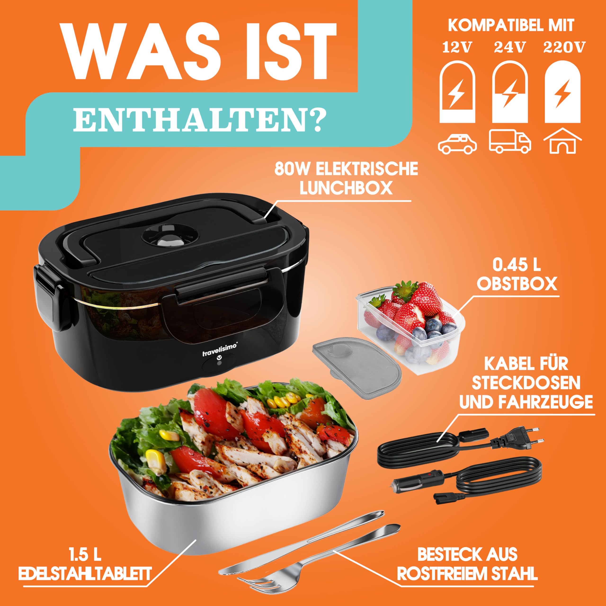 Elektrische Lunchbox 80W Selbsterhitzende Dosen, 1,5L Heat Box 3-in-1 Electric Lunch Box, Essen Aufwärmen Unterwegs 12V/24V/220V, für Arbeit Auto Lkw Lunchbox Elektrisch, Thermal Lunch Box
