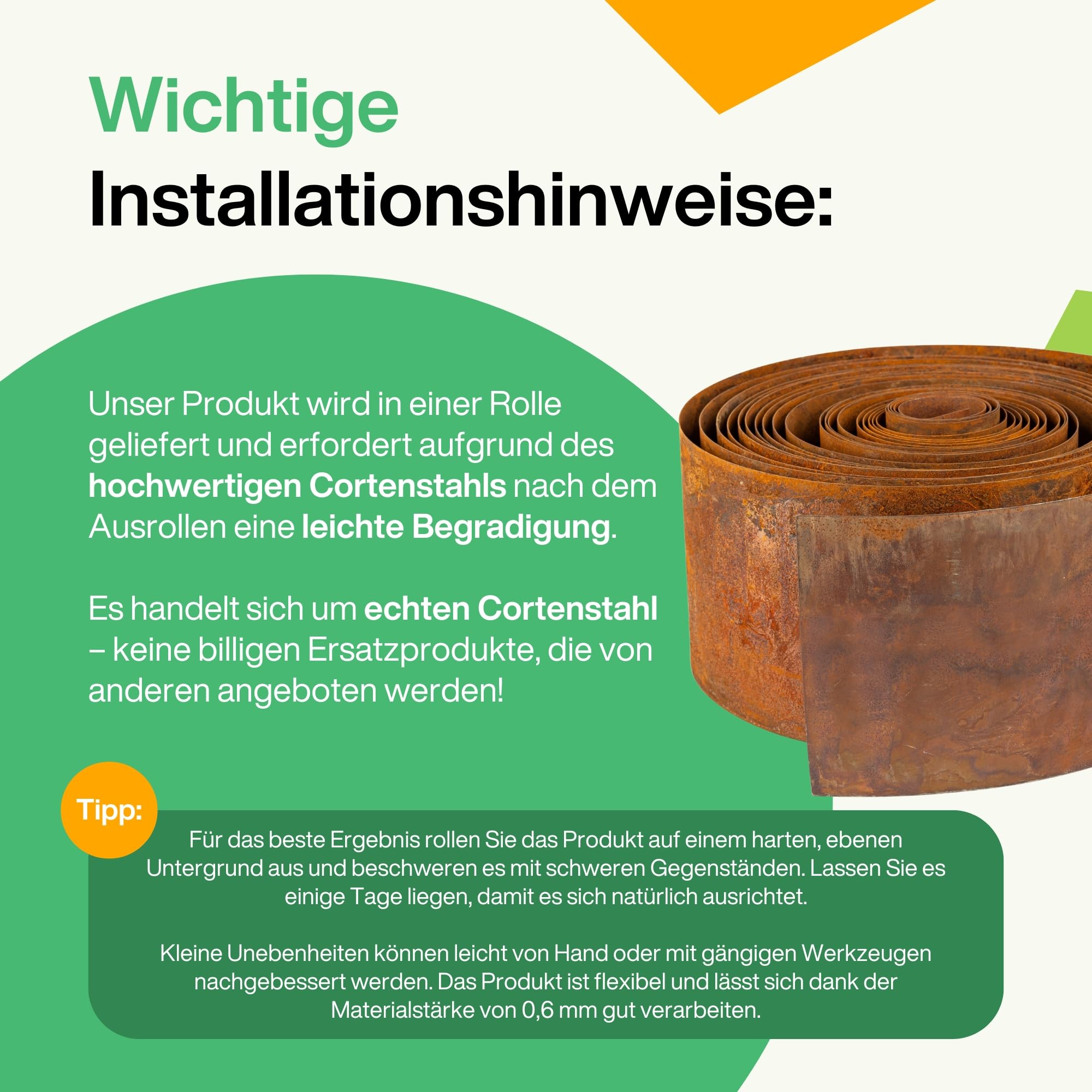 Stahl Rasenkante 10 m, Metall Blumenbettkante 14 cm hoch, einfache Montage, Blumenbettrand mit Rost, 1 Paar Montagehandschuhe inklusive