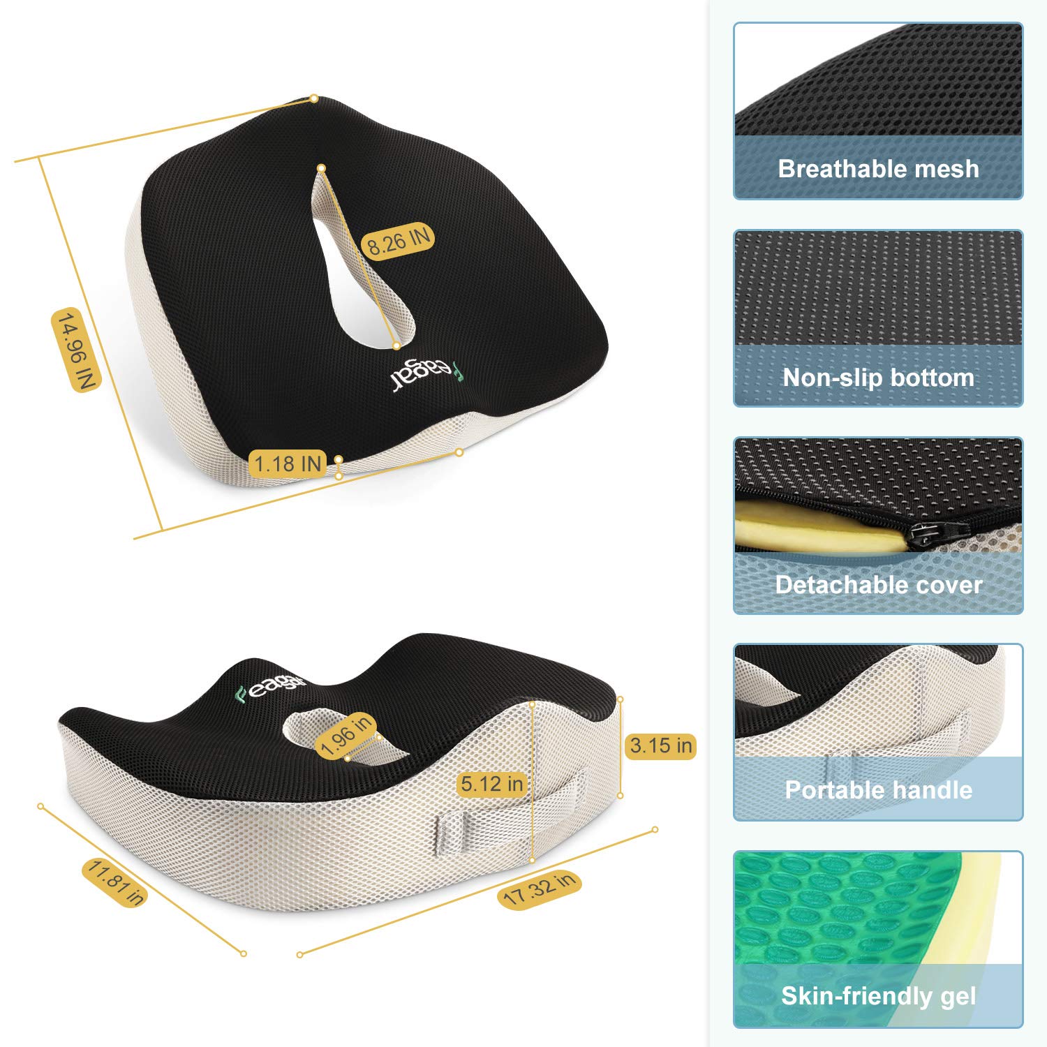Sitzkissen, Orthopädisches Sitzkissen aus Memory Foam, Ergonomisches Sitzkissen für Bürostuhl /Autositz / Steissbeinkissen Stuhlkissen Sitzkissen Outdoor Zuhause, Schwarz