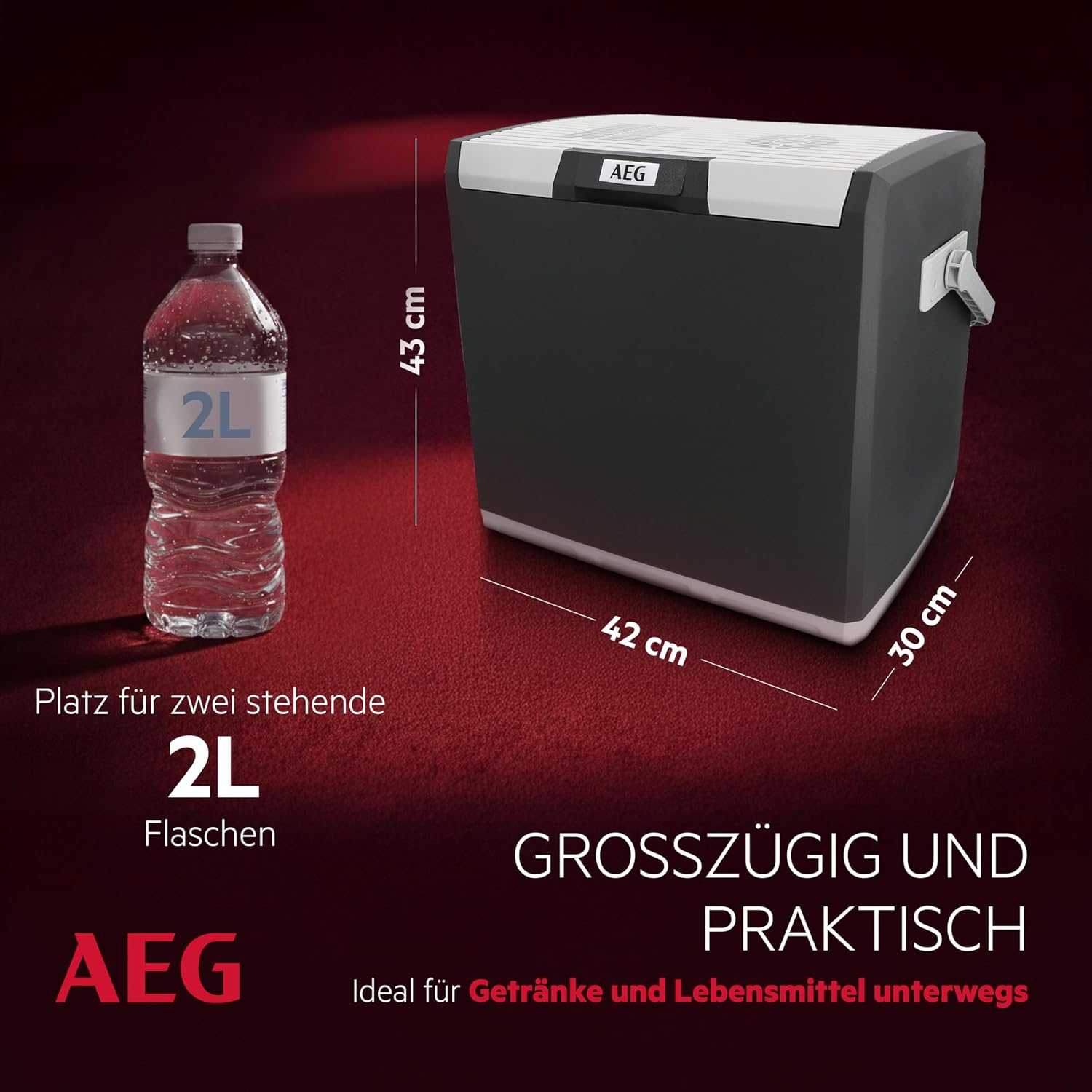 AEG Thermoelektrische Kühlbox KK 28, kühlt bis 20 °C unter Umgebungstemparatur, 28 Liter Fassungsvermögen, 12V/230V, Tragegriff & Kabelfach, leicht zu reinigen, für Auto, Reisen & Camping