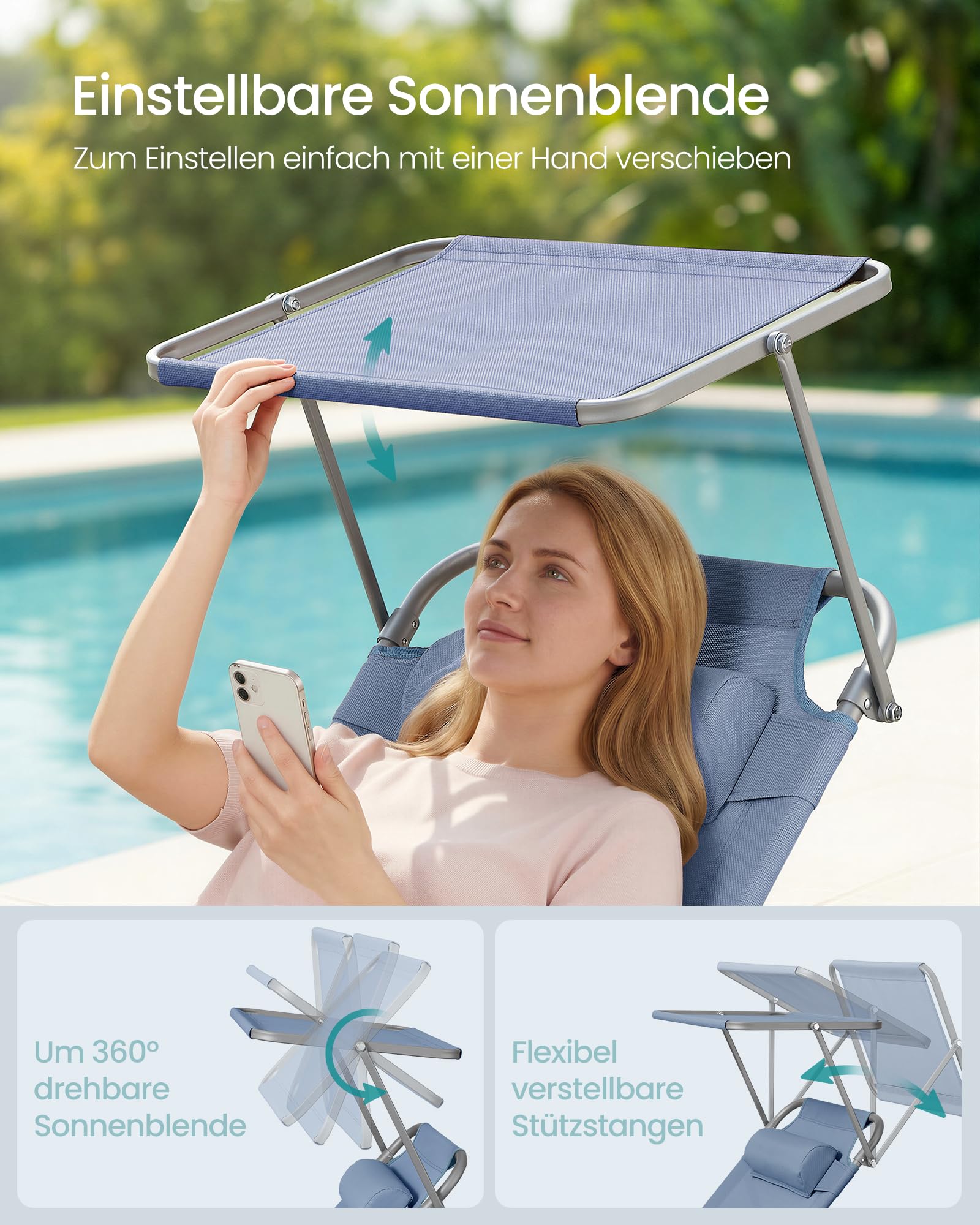 Sonnenliege, klappbarer Liegestuhl, 193 x 53 x 29 cm, trägt bis zu 150 kg, Sonnenschutz, Kopfkissen, verstellbare Rückenlehne, für Garten, Pool, Terrasse