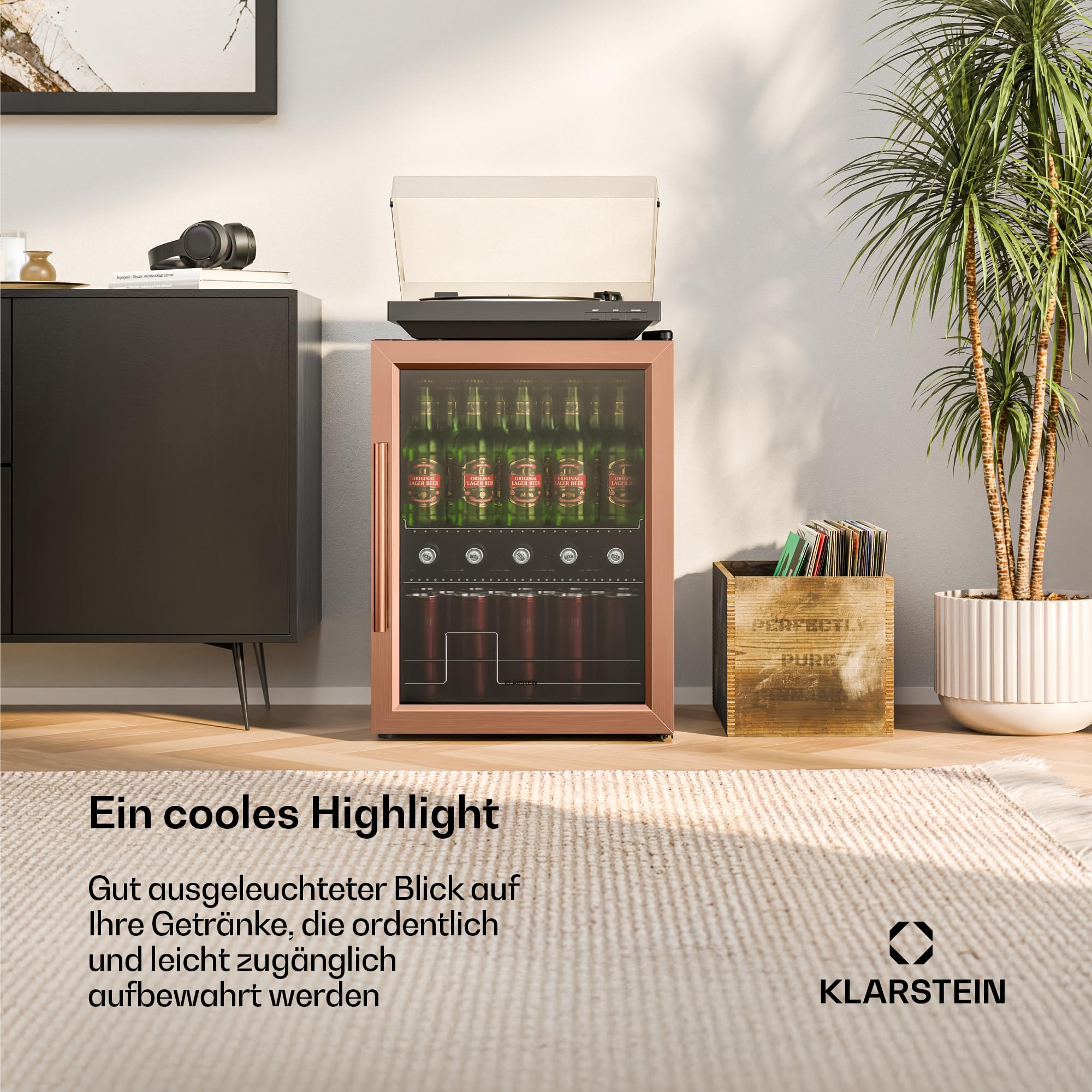 Beersafe Getränkekühlschrank 60 L – Mini Kühlschrank mit Glastür, Kupfer | LED-Beleuchtung, herausnehmbare Metallablagen, leise, Flaschenkühlschrank für Getränke & Dosen