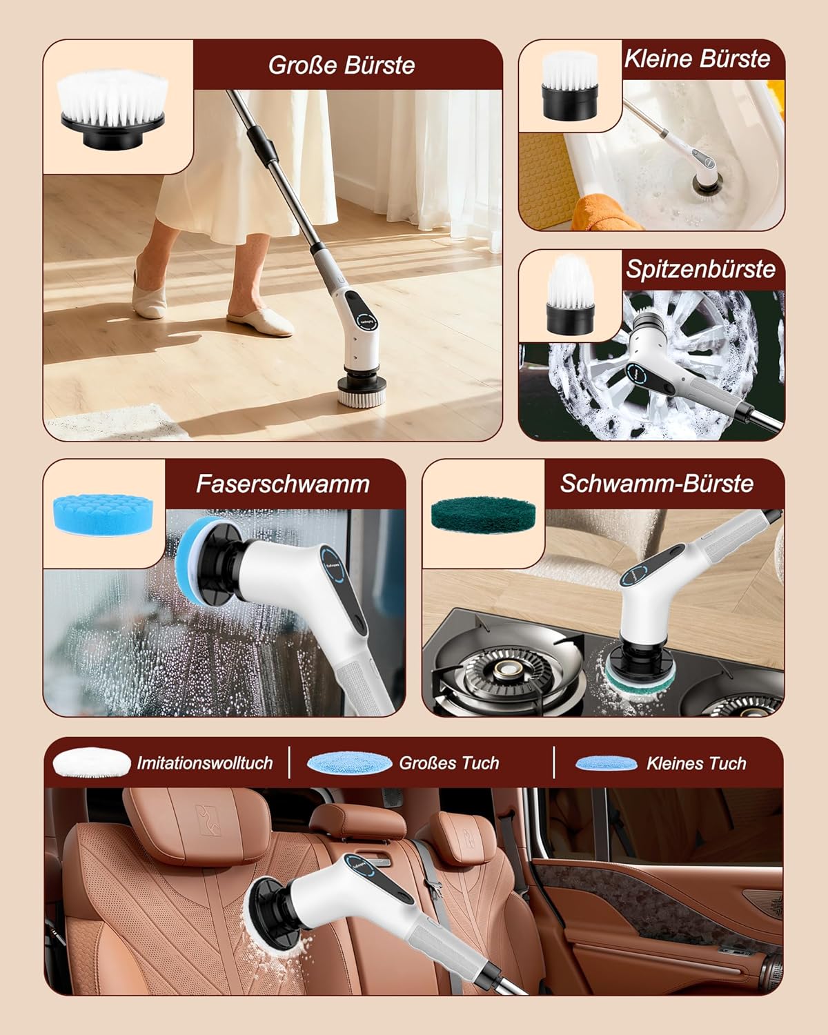 Elektrische Reinigungsbürste, 8 in 1 Electric Cleaning Brush | mit austauschbaren Bohrbürstenköpfen, Wanne mopSet, Elektrische Putzbürste mit Verstellbarem Griff für Bad Küche Auto Fußbode