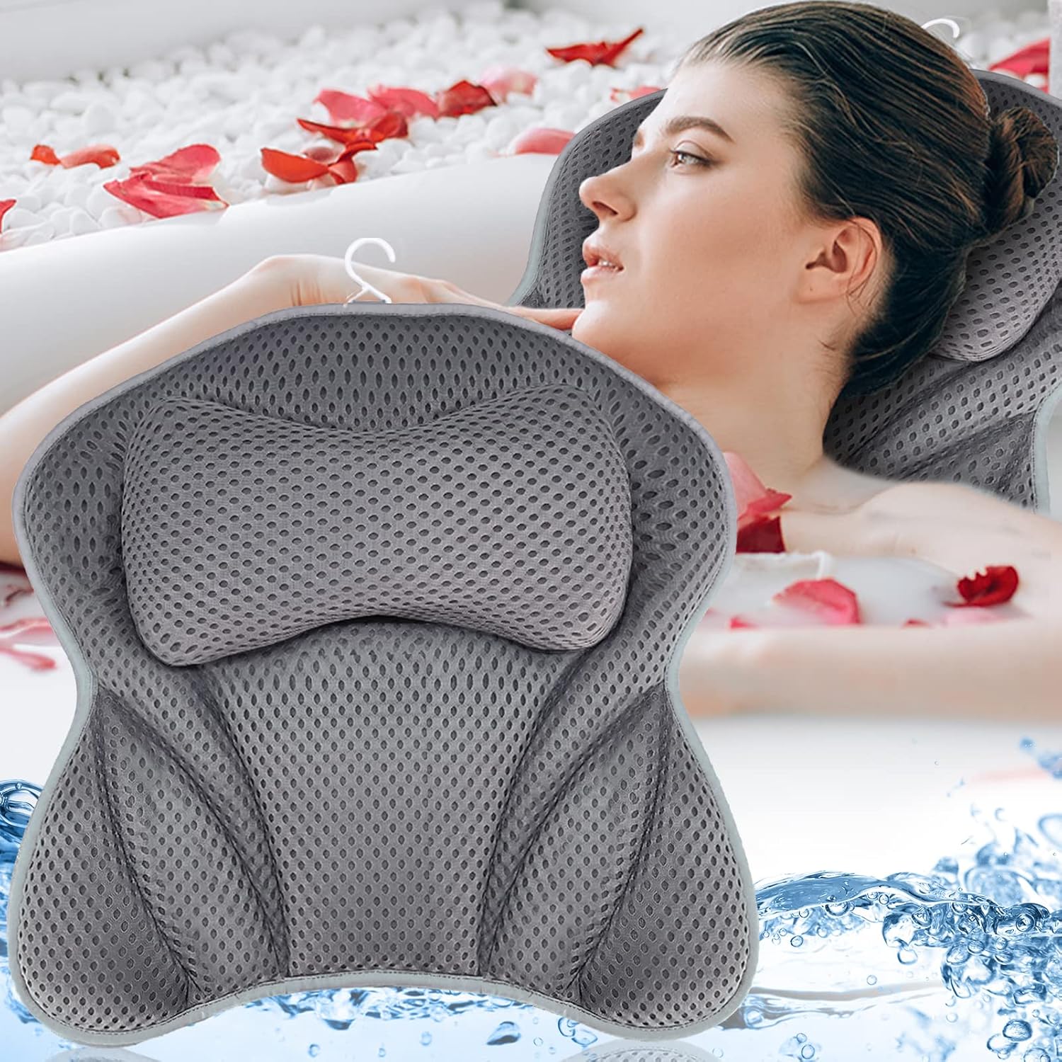 Badekissen, Halskissen für Badewanne, 4D Mesh Halskissen, Badekissen, Komfortbadkissen mit 6 Saugnäpfen für Home Spa und Badewannen, Stützen Kopf, Hals, Schultern, Rücken